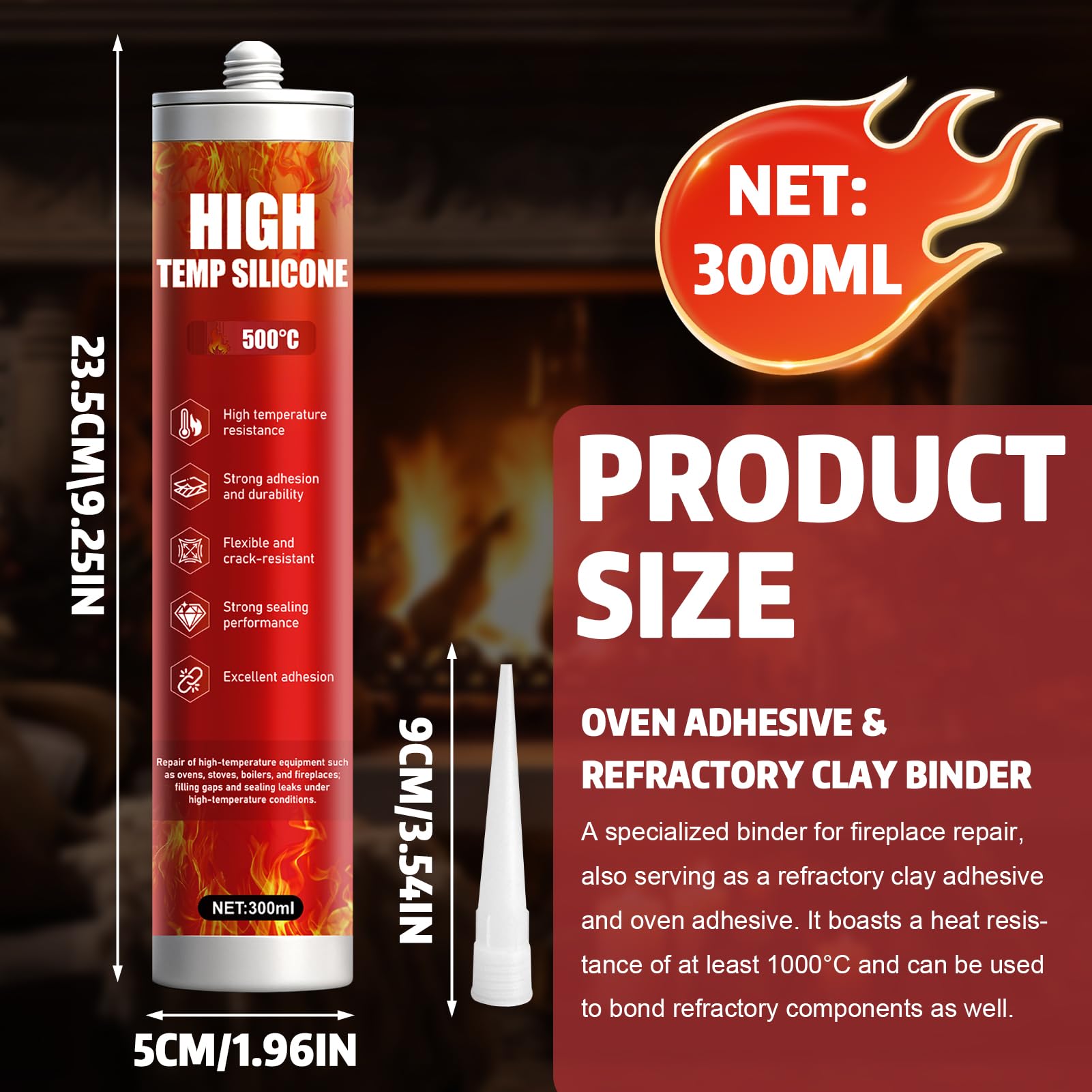 ALLONY Silicone Alte Temperature, 300ML Silicone Nero Alte Temperature, Cemento Refrattario, Sigillante Refrattario per Riparare Caminetti Stufe Forni Vetro Piani Cottura, Silicone Alta Temperatura