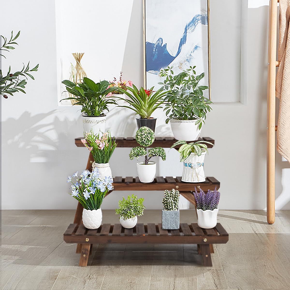 Étagère pour plantes en bois à 3 Etagères Interieur et extérieur, Support Plantes, Présentoir, Porte Plantes, Piédestal à Echelle pour Salon Balcon Terrasse Jardin