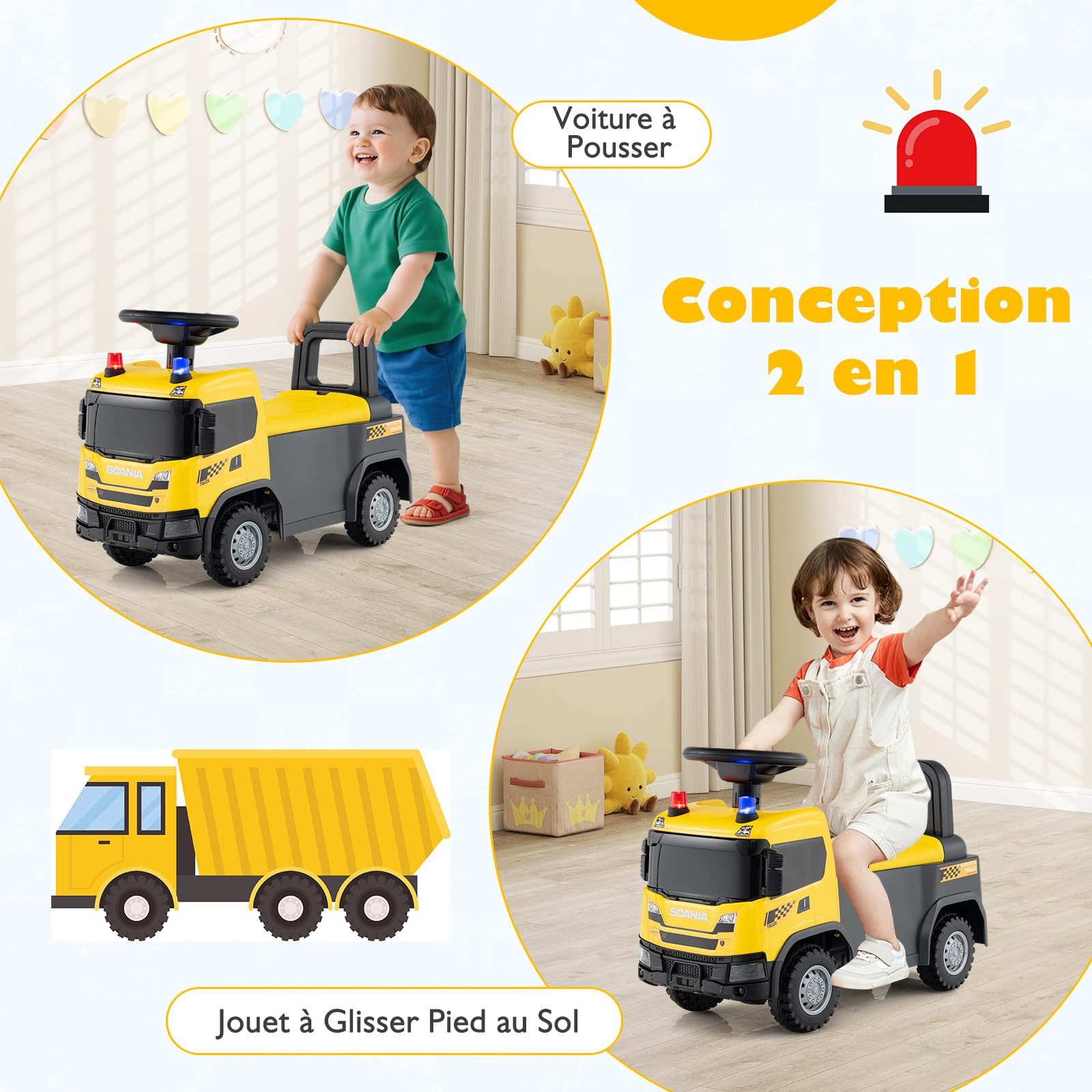DREAMADE Porteur Enfant, Voiture pour Enfants avec Volant, Lumières, Sirène Clignotante, Klaxon et Musique, Trotteur Enfant avec Rangement sous Le Siège (Jaune)