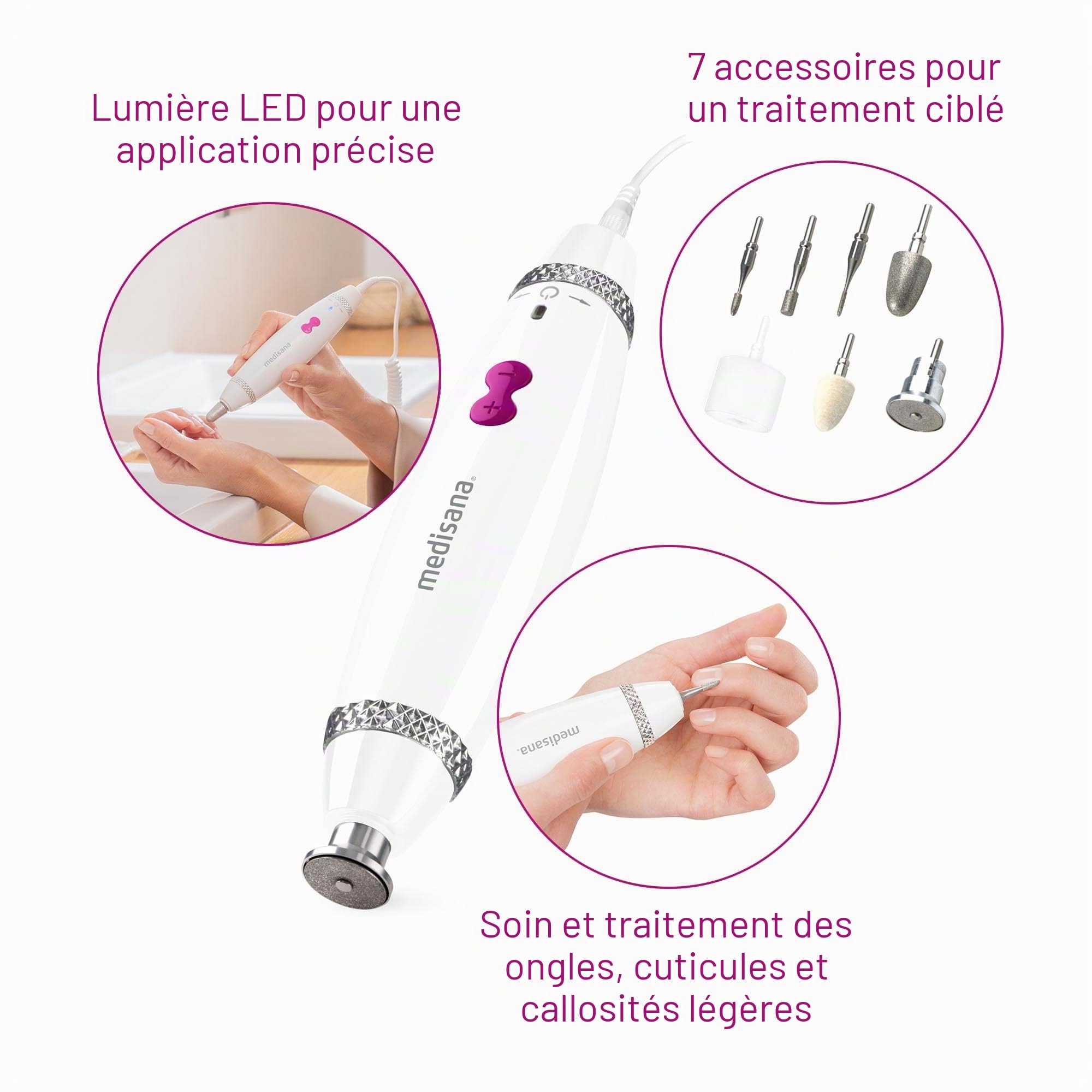 medisana MP 840 Set de Manucure et Pédicure Électrique, Lime à Ongles, Fraisoir à Ongles, Inclus 7 Embouts, Pour les Ongles, Les Cuticules et les Callosités