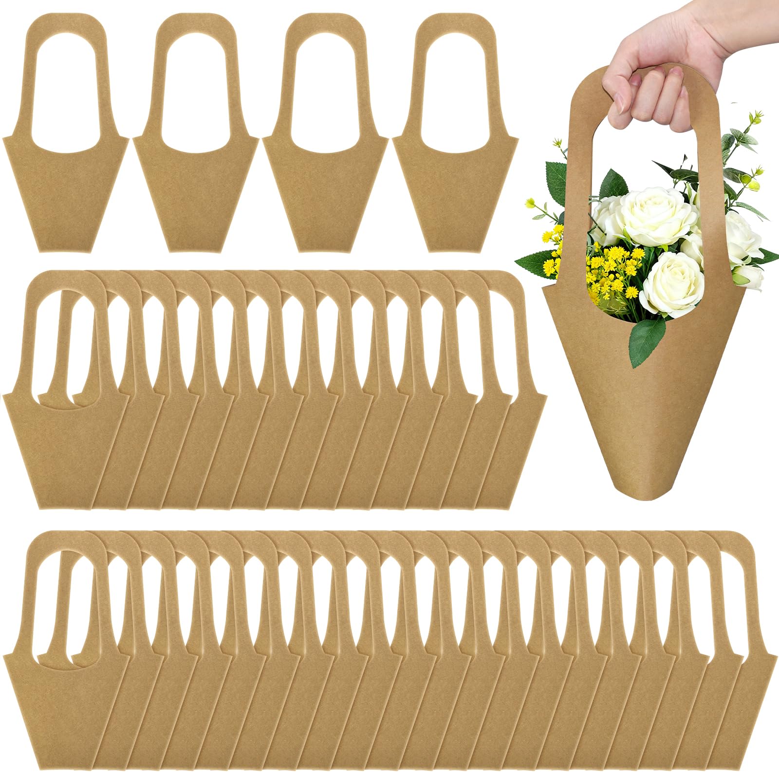 Lot de 100 Sacs pour Bouquets en Papier Kraft avec Poignées, 35x19x7,5cm | Sacs d’Emballage Fleurs pour Fleuristes, Cadeaux, Compositions Florales, Mariages, Saint-Valentin et Fête des Mères