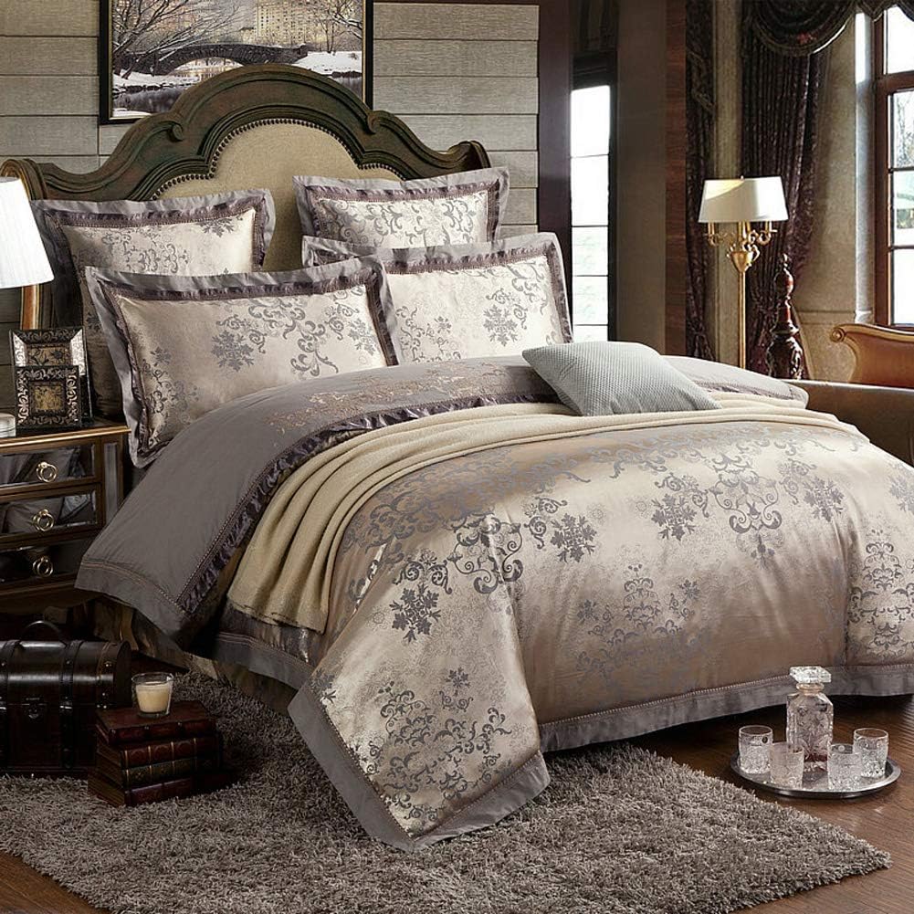 Luxury Satin Jacquard Paisley Bedding Sets Include 1 Duvet Cover 1 Flat Sheet 2 Pillowcases 2 throw pillow covers (6pcs King Size)
