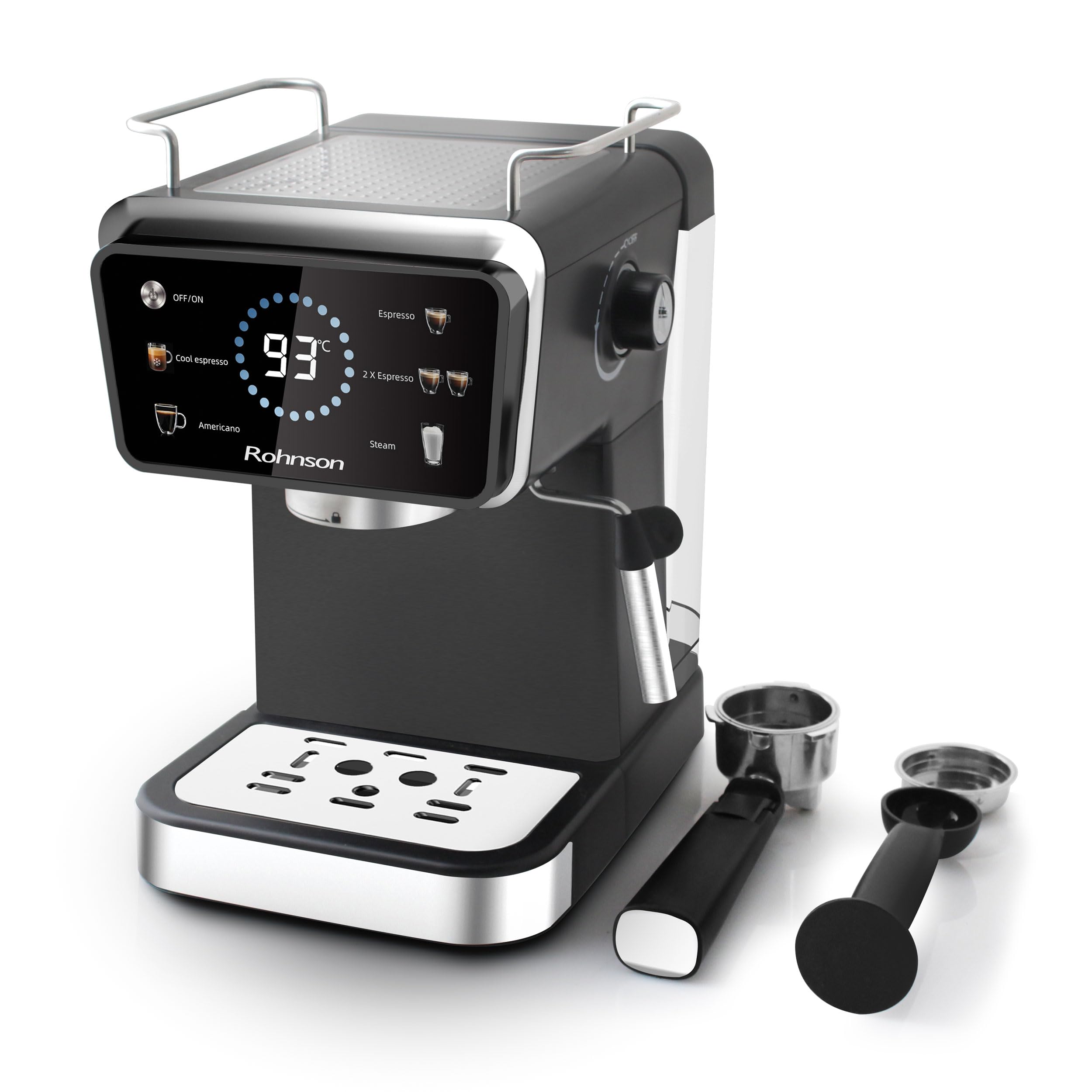 Rohnson Macchina per Espresso Caffè Macinato, Pompa da 20 Bar, Serbatoio Acqua Rimovibile da 1,5 L, 1350W, Tecnologia Caldo e Freddo, Lancia Vapore per Latte, Facile da Pulire, Design Efficiente
