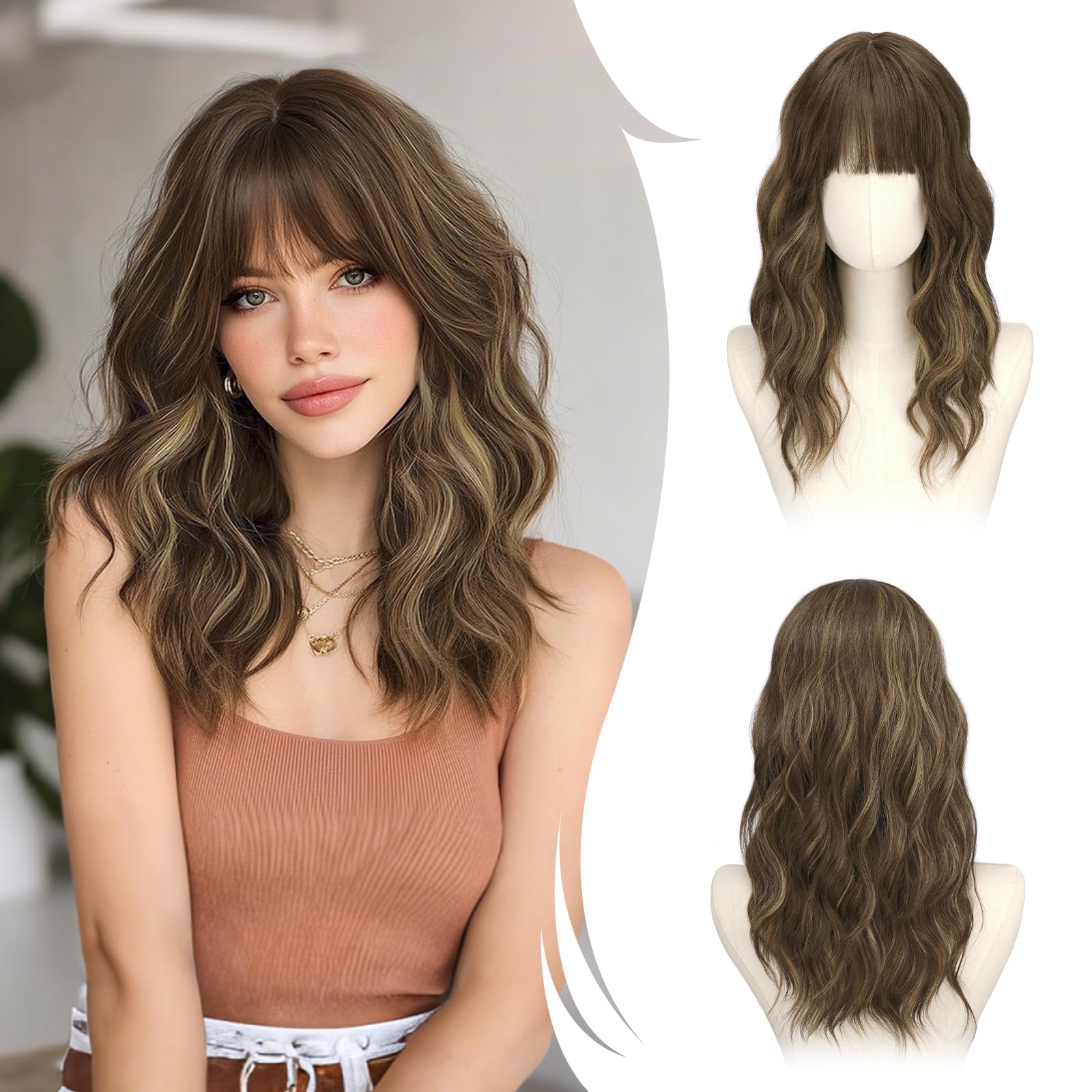 RUWISS Peluca Verde Apagado Ondulada con Flequillo para Mujer, 50 cm Shoulderlongitud Peluca de pelo Sintético en Capas Pelucas con Volumen Natural para Diario y Fiesta — view 9