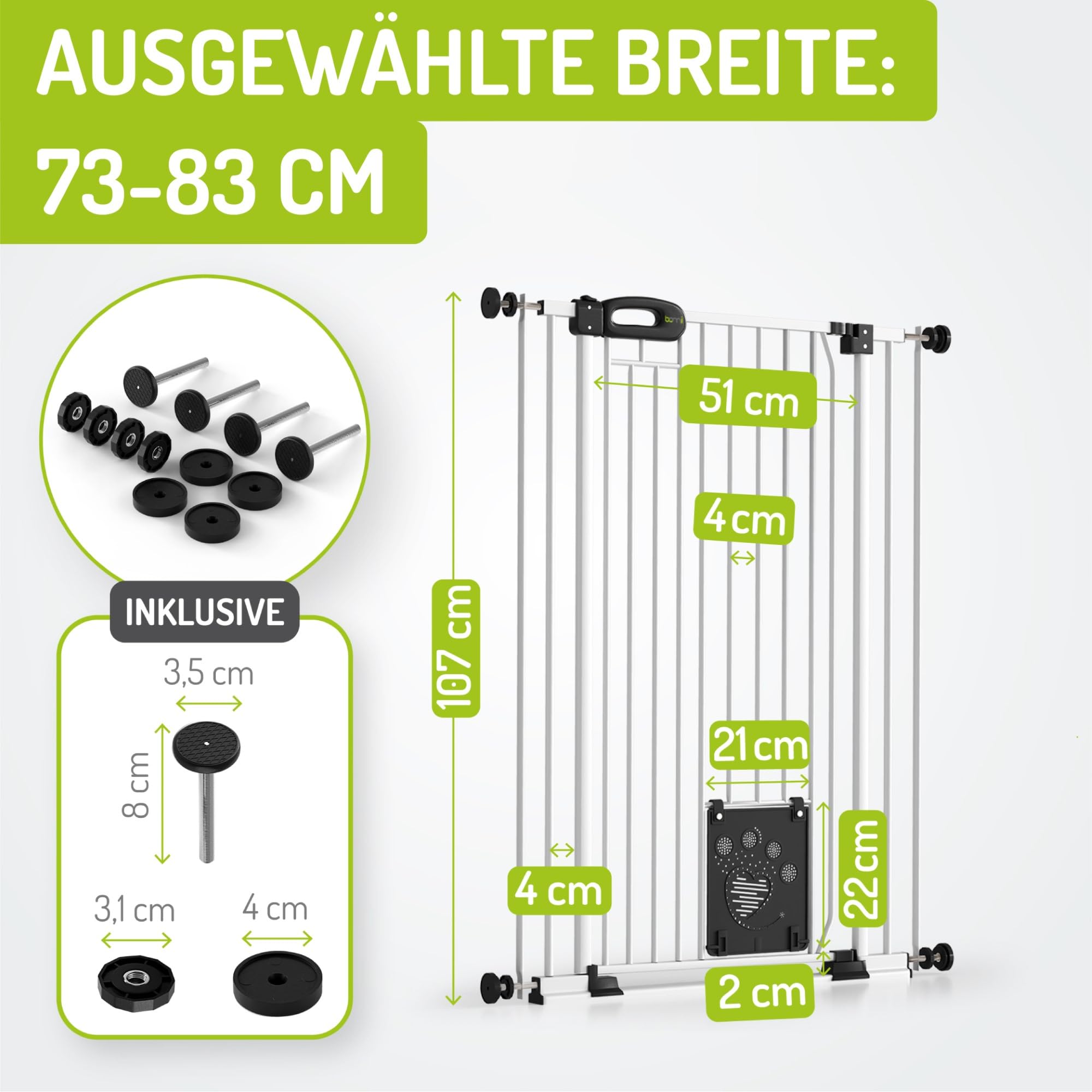 BOMI Tierschutzgitter Merle| Treppenschutzgitter ohne Bohren| Ideal als Absperrgitter Hund, Katzengitter Tür & Welpenzaun | Extra Enge Stäbe | Hundegitter Wohnung weiß Metall | Breite: 73-83 cm