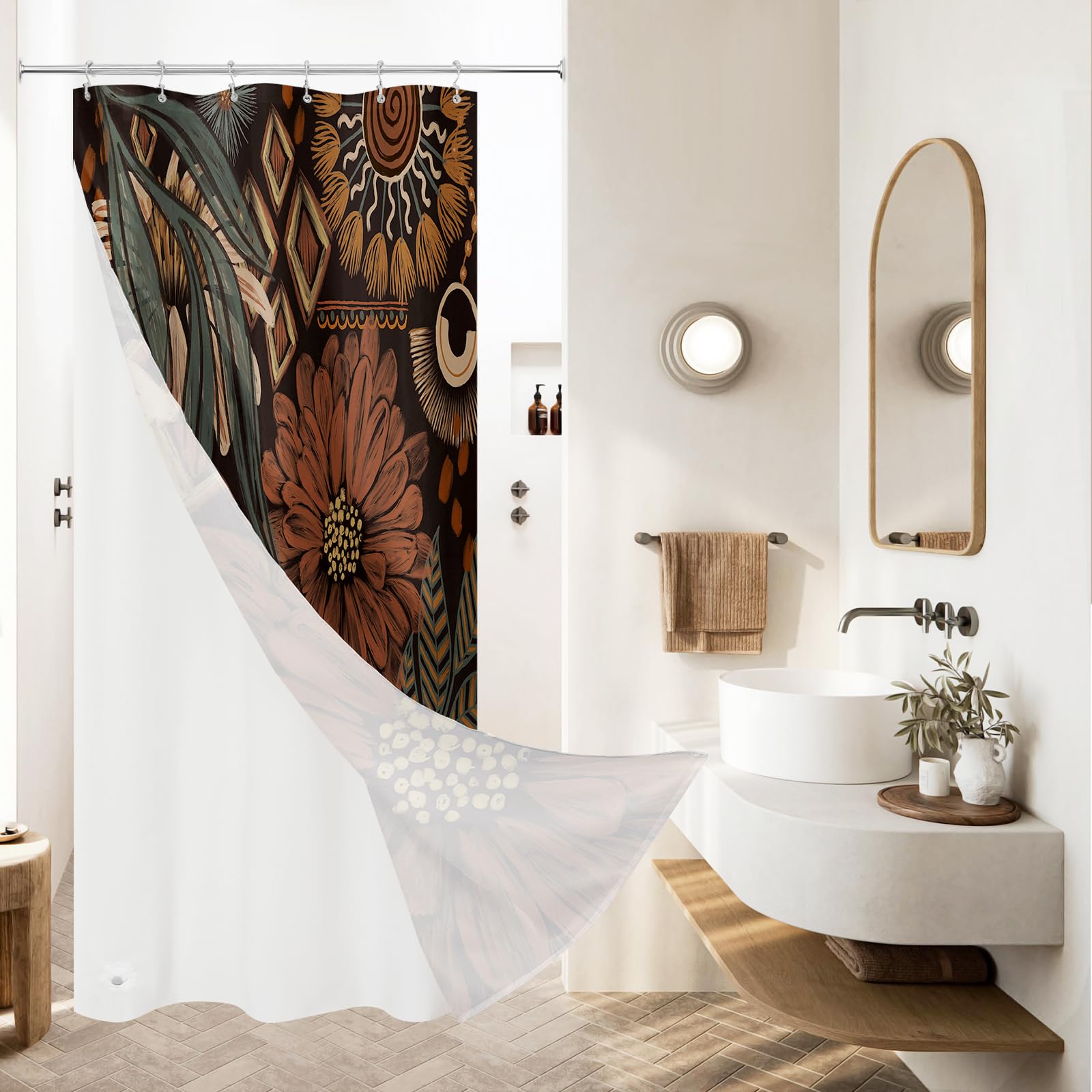 3 in 1 Dark Floral Shower Curtain Set with PEVA Liner &amp; 12 Hooks, 36 x 72