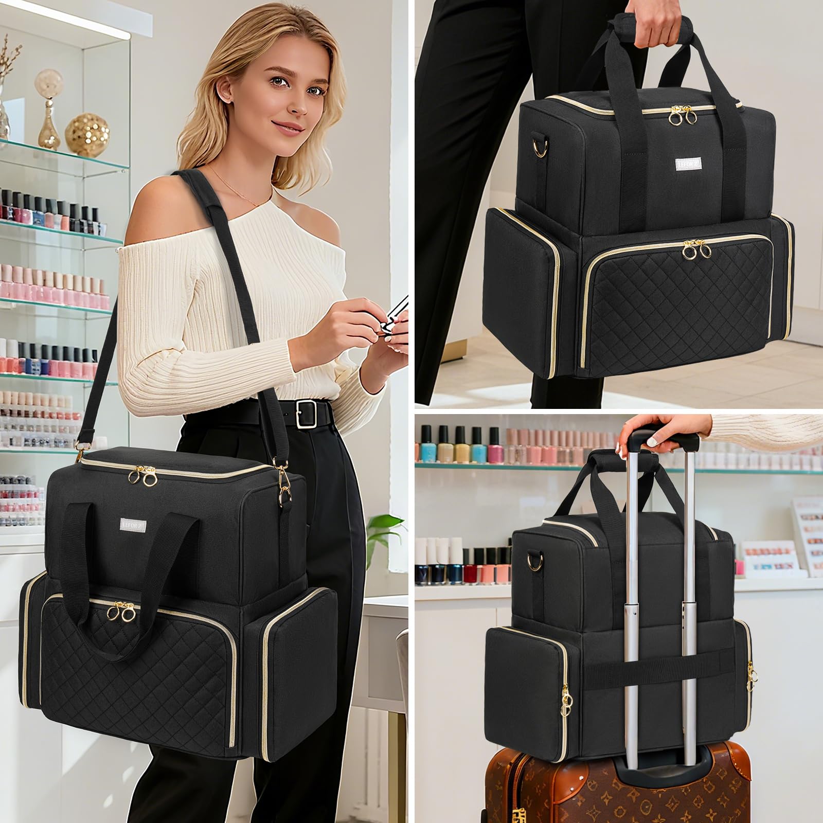 Nagellack Tasche Doppelschichtige Aufbewahrung Organizer für 80 Flaschen 15 ml Nagellampe Schwarz