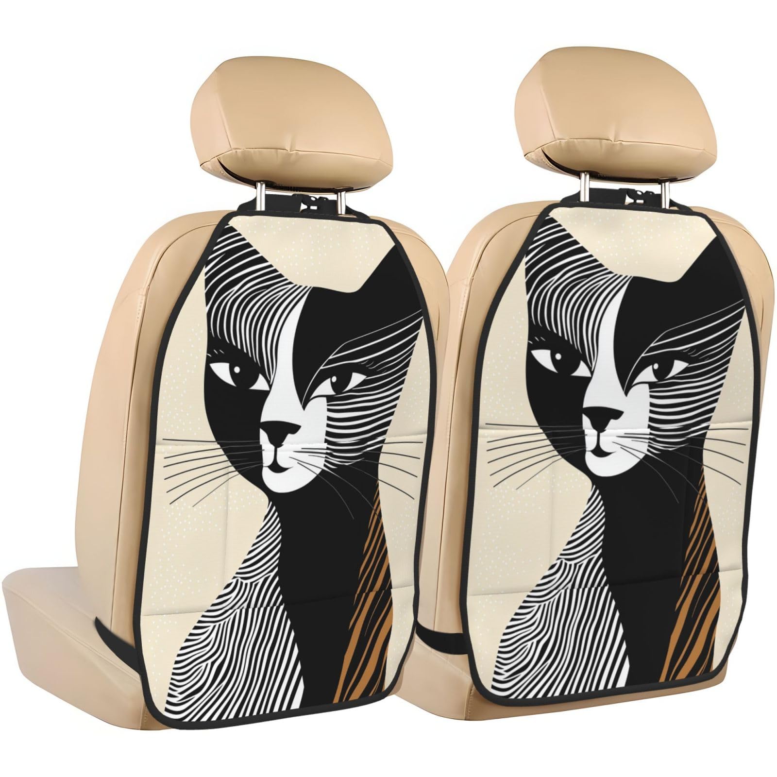 Black and White Cat Line Art Car Seat Back Kick Protectors,2 Pack Kick Mats with Storage Pockets for Vehicles to Protect from Dirt Mud Scratches