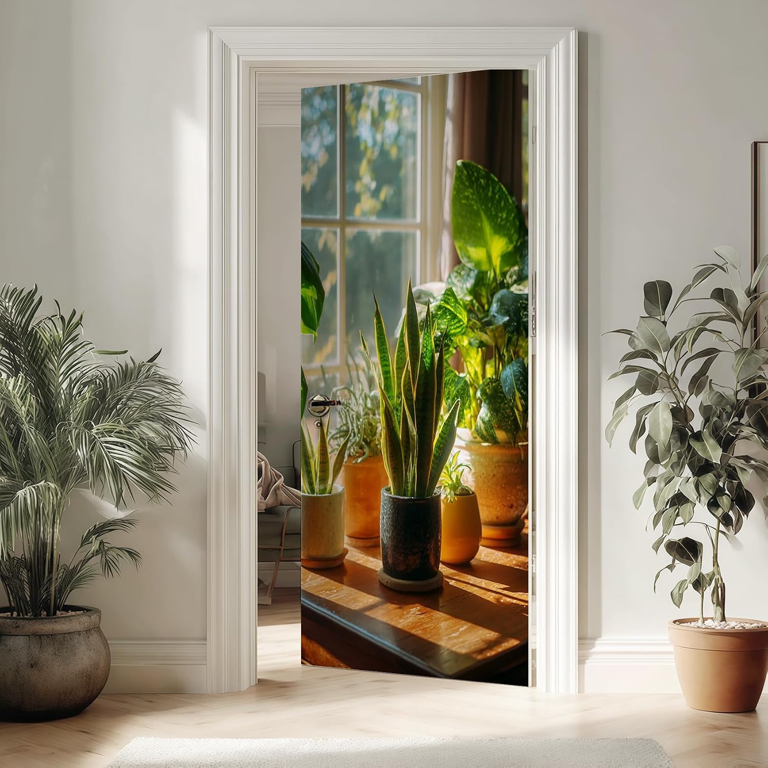 Sticker Porte Plantes Vertes, Stickers Porte Trompe L'oeil Plante en Pot Autocollant Poster Auto-Adhésif Art Décor Pour Chambre Salon Salle de Bain Papier Peint 95x215 cm