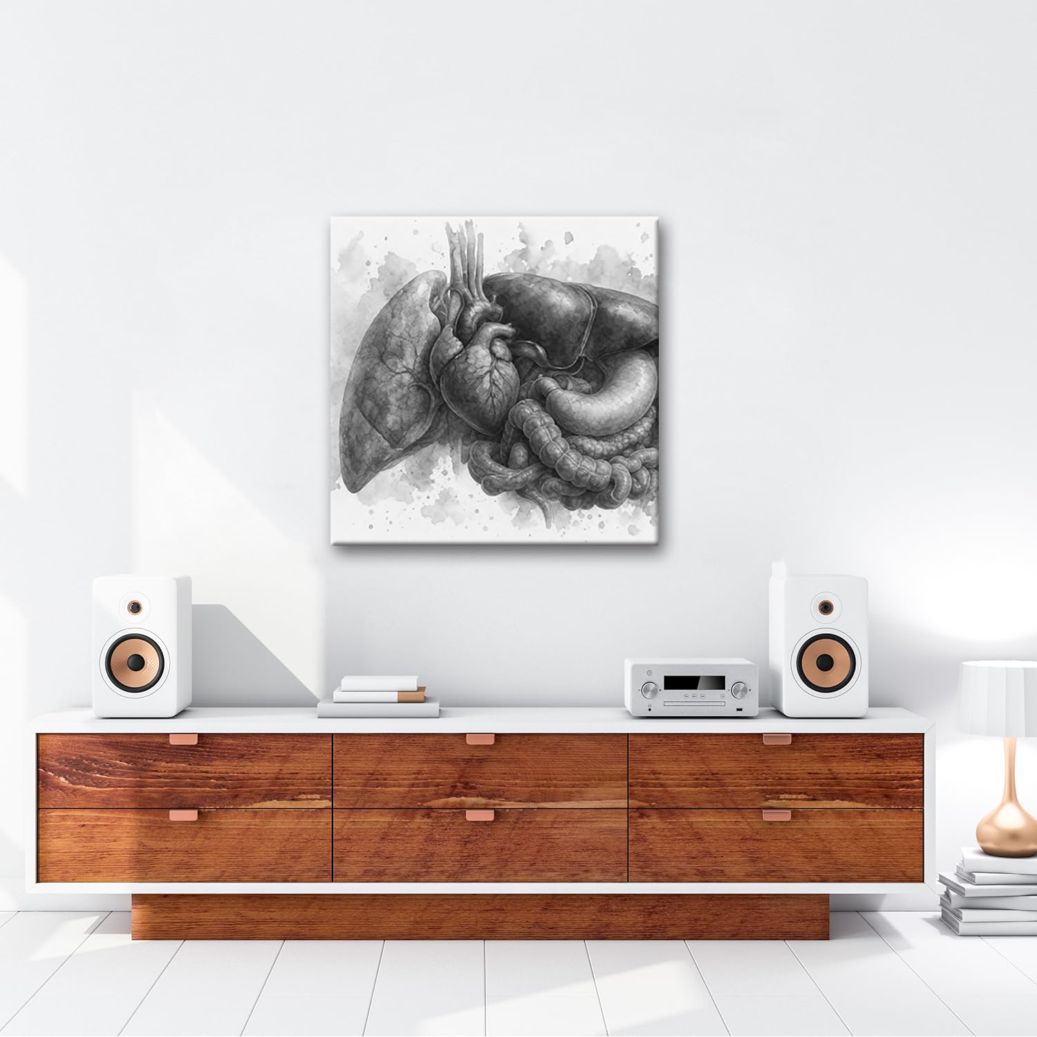 Obraz na płótnie rysunek akwarelowy serca i organów 40 x 40 cm czarno-biały
