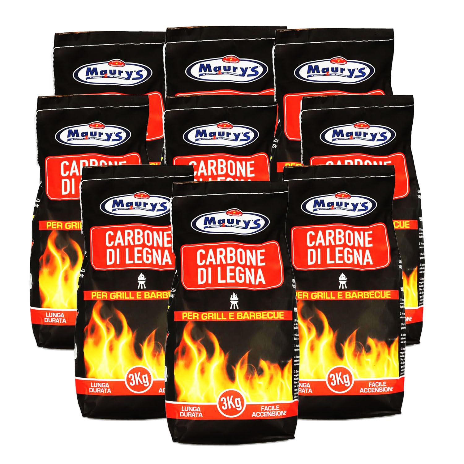 Maury's Set 9 Confezioni di Carbone in Legno Naturale da 3 Kg l'uno Pezzi di Carbone Nero Ideale per Barbecue, Camino e Grill per una Cottura Autentica