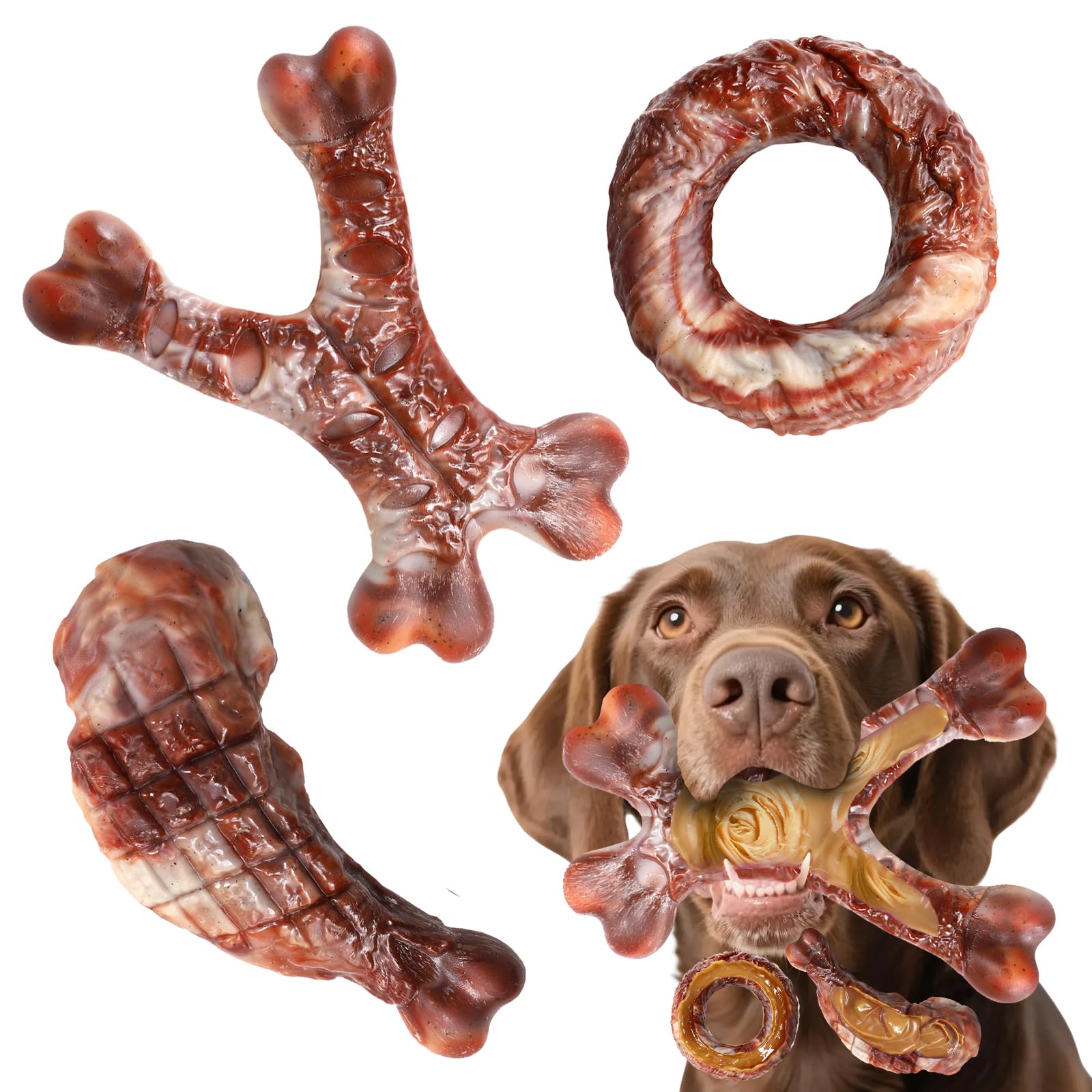 Herspany Indestructible Dog Chew Toy 3Pcs, for Aggressive Chewers, Beef-flavored Nylon Clean Teeth and Relieves Boredom for Small, Medium, Large dogs