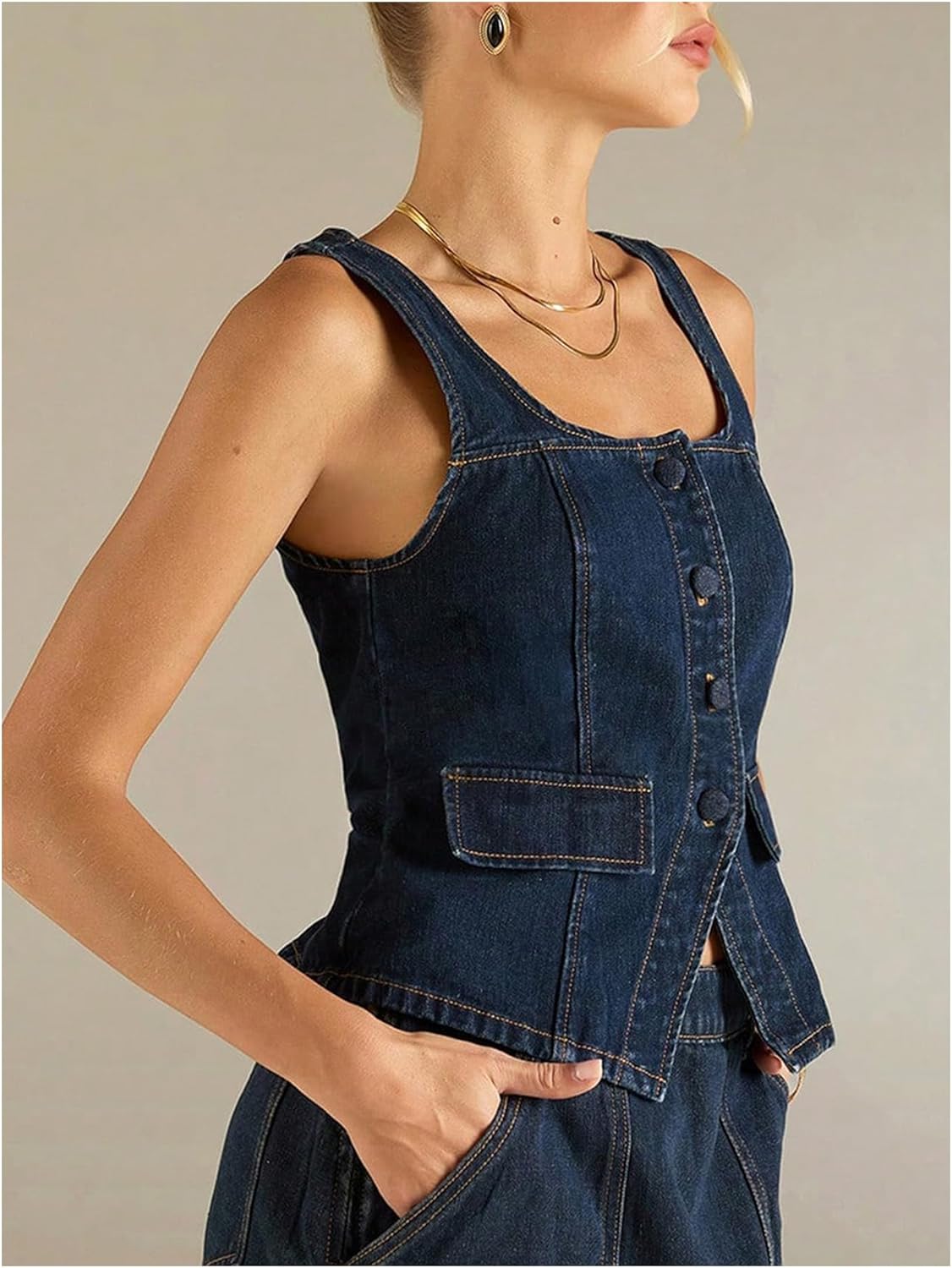 MakeMeChic Women's Denim Tops Square Neck Button Down Sleeveless Going Out Y2k Jean Tank - Image 3