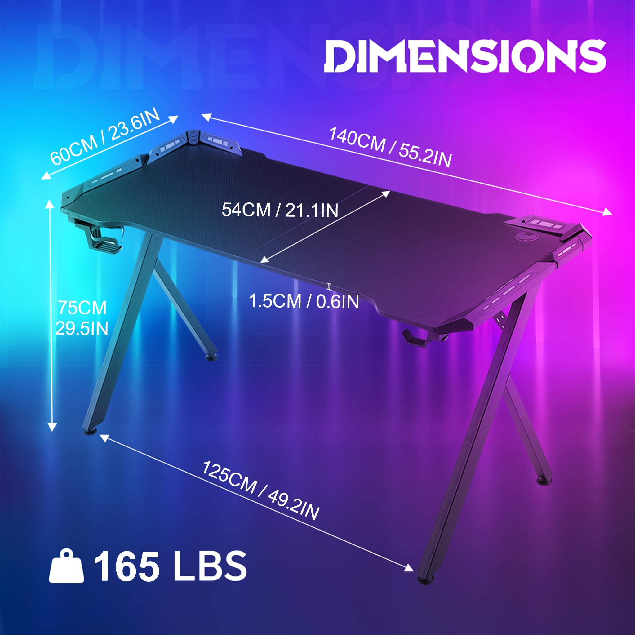 LZQ Gaming Tisch mit RGB LED 140x60 cm, Gaming Schreibtisch Ergonomischer Gamer PC Tisch mit Kohlefaser-Oberfläche, Spieltisch RGB Computertisch mit Fernbedienung & Kopfhörerhaken, Schwarz