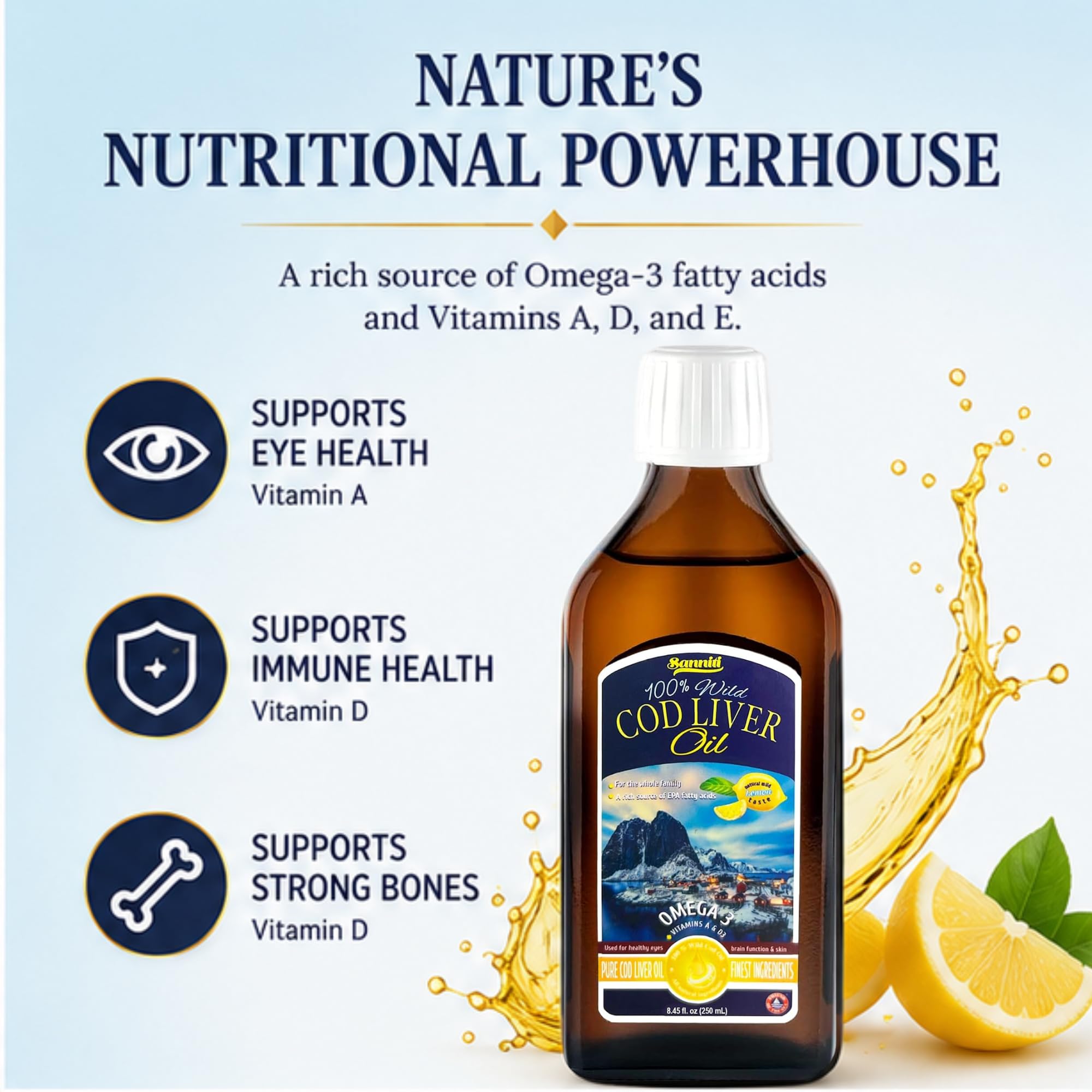 Sanniti 100% Wild Lemon Flavored Cod Liver Oil, 8.4 Fl Oz | Pure Norwegian Cod Liver Oil | Natural Lemon Flavor | Omega-3 Fatty Acids with Vitamins A, D & E | Finest Ingredients — Amazon image 5