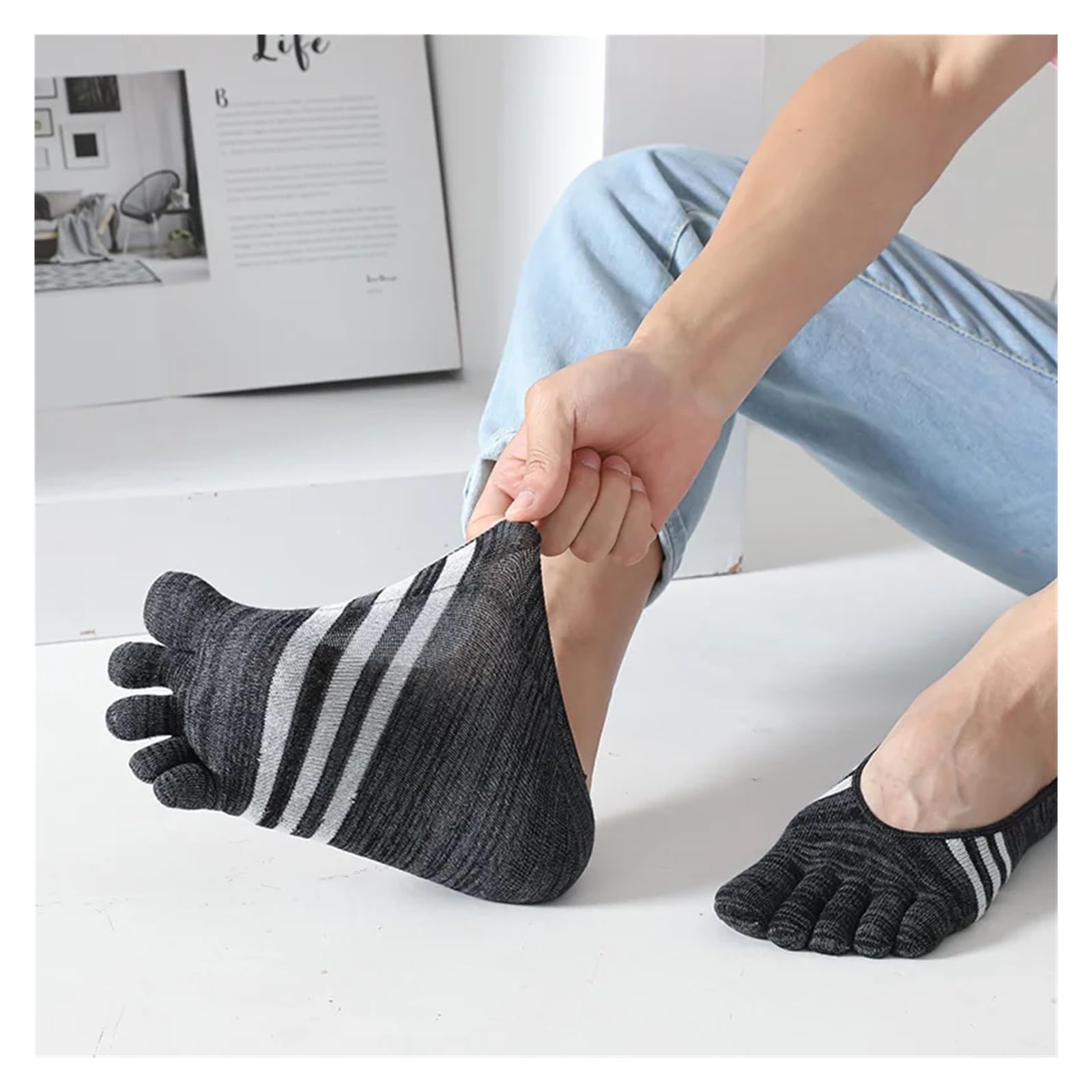 Five Fingers 5 Paia Calzini Estivi Con Punta Invisibile Strisce Colorate In Cotone Da Uomo Sottili Morbidi Bocca Superficiale Traspiranti A Dita per Uso Quotidiano