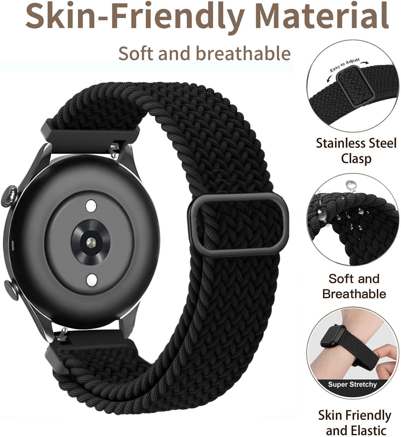 2 Pack Braided Stretchy Nylon Watch Bands Compatible with Amazfit Bip 6/Bip 5/GTR 4/3 Pro/3/2/ 2e/Balance/Cheetah, 22mm Loop Elastic Fabric Straps for Amazfit GTR 47mm Women Men - Image 4