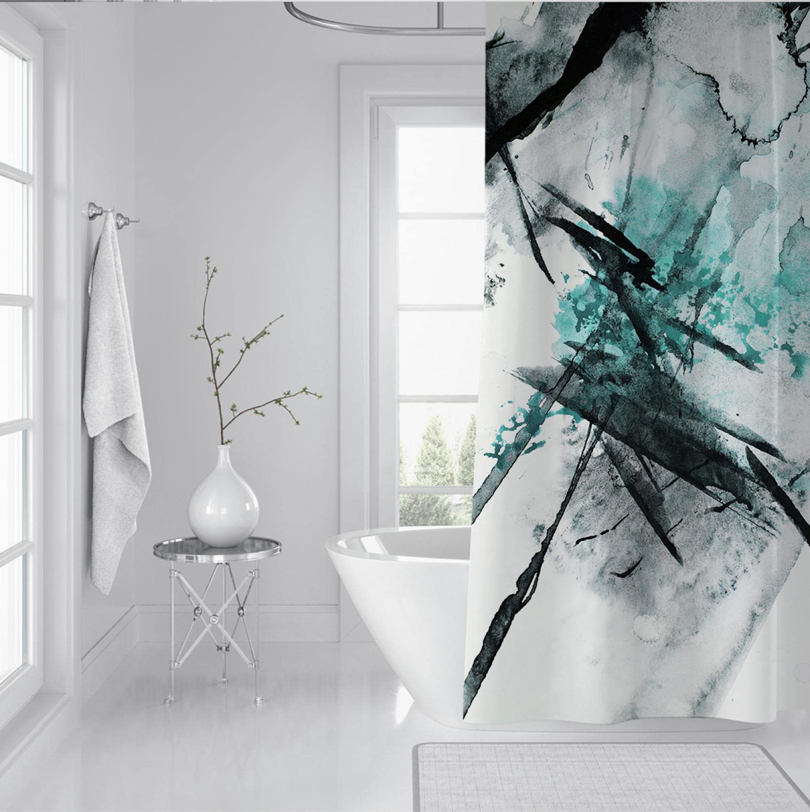 Cortina de Ducha para baño Abstracto Azul y Negro Pintura de Acuarela Juego de Cortinas de Ducha con Ganchos Impermeables Fácil de Instalar W160xL200cm