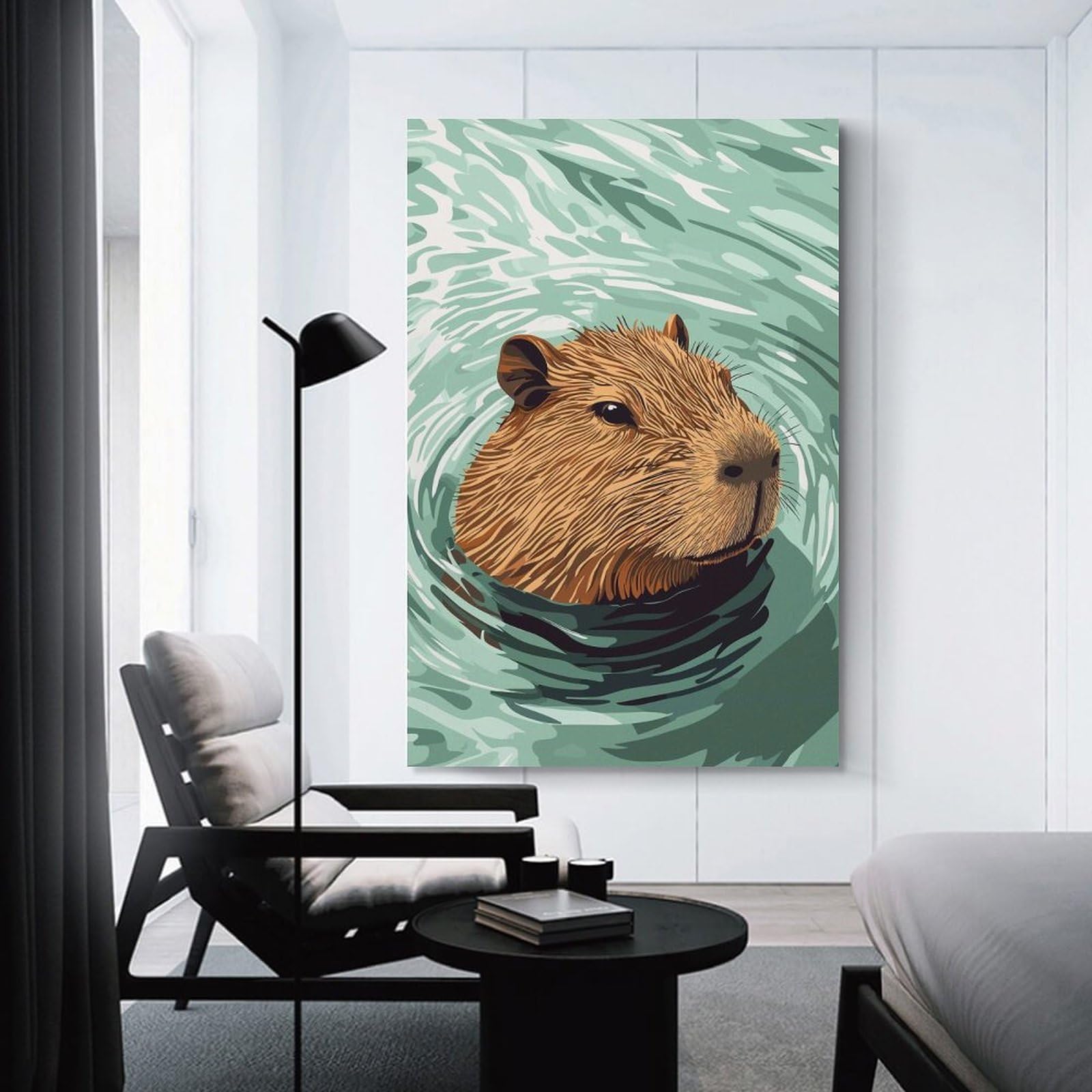 Junmoney Capybara in Water Illustration Room Decor Wall Art, 08x12inch(20x30cm), for Hallway, Lounge Or Guest Room, Gift Idea for Housewarming And Birthdays