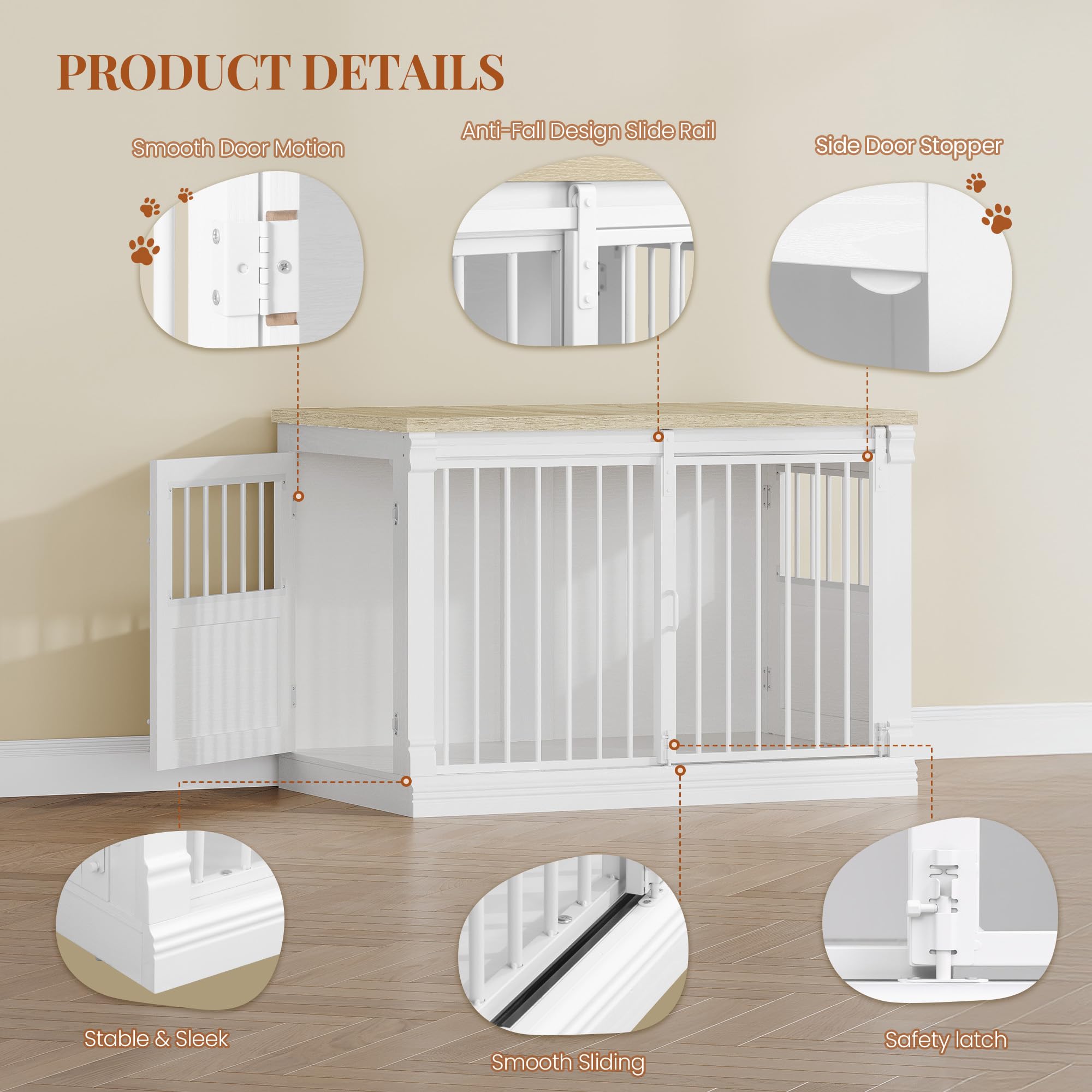 HEXCELEN 101cm Jaula para Perros, Mueble Mascotas Interior, Jaula Perro Grande para Casa de Madera, 3 Puertas, Mesa Auxiliar, Apto para Perros Medianos, 101 x 60,5 x 70 cm, Roble Blanco y Blanco