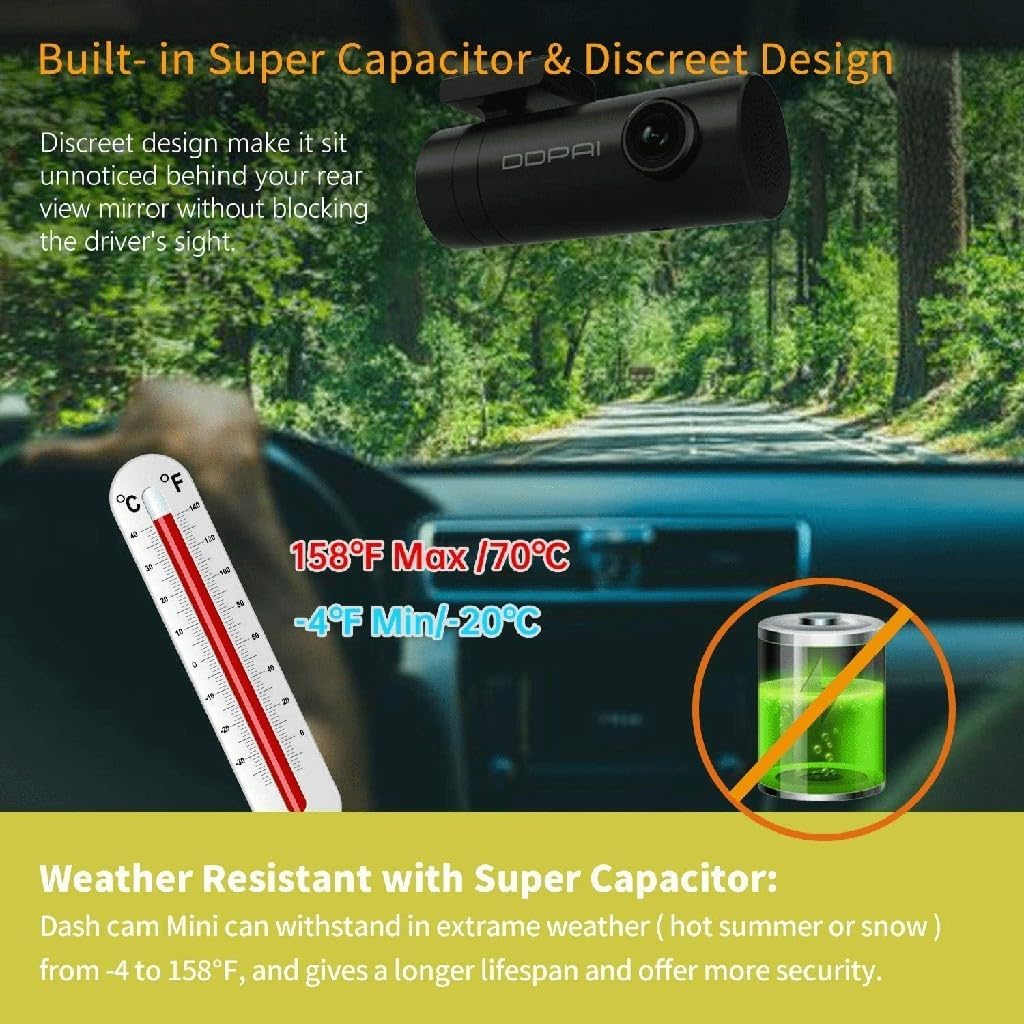 ddpai Mini 5 Dash Cam mounted discreetly behind a rearview mirror, with a thermometer showing temperature range and a super capacitor icon.