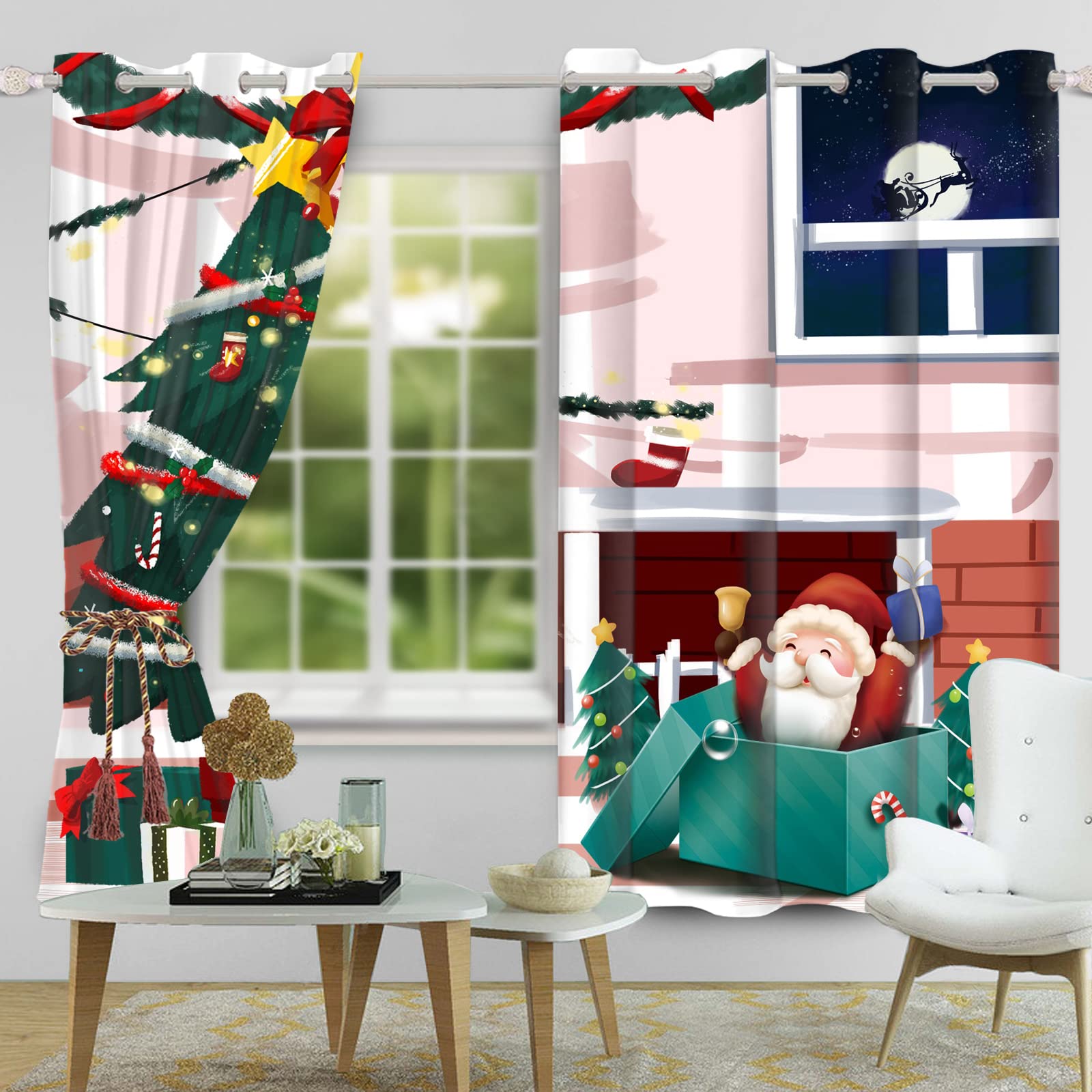 DORCEV Christmas Curtains Cartoon Cute Santa Claus Window Curtains for Kids Bedroom Blackout Decor Glitter Christmas Tree Xmas Gift Window Drapes for Living Room Bedroom Kitchen,53x84 inch,2 Panels