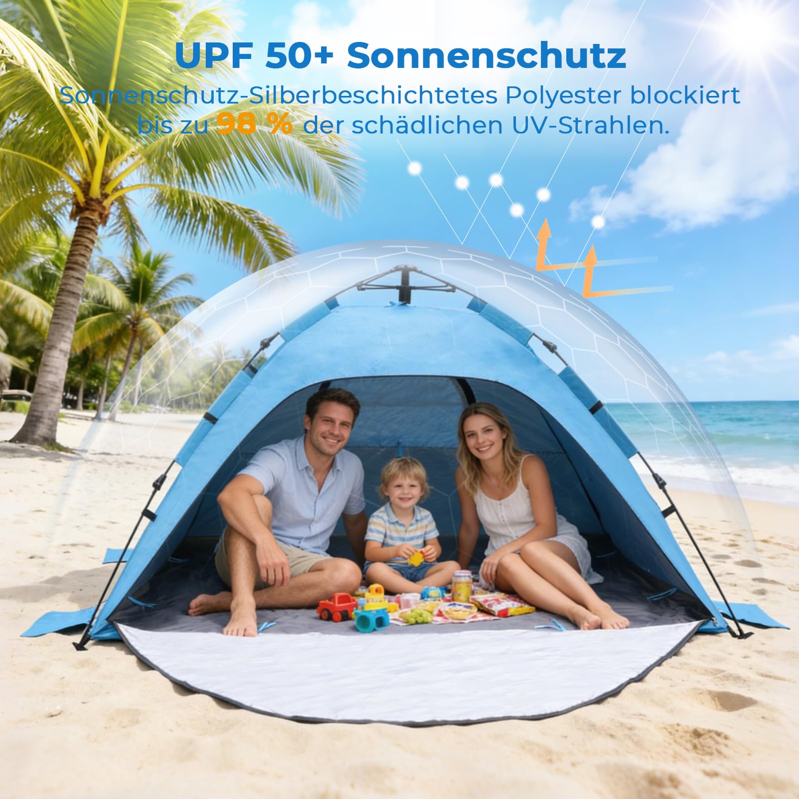 Pop Up Strandmuschel mit UV-Schutz 50+, Automatisches Strandzelt für 2-3 Personen, XXL Pop Up Strandmuschel mit Verlängerter Matte, Leichtes Windschutz Zelt für Baby & Familie, Einfach Aufbau & Abbau