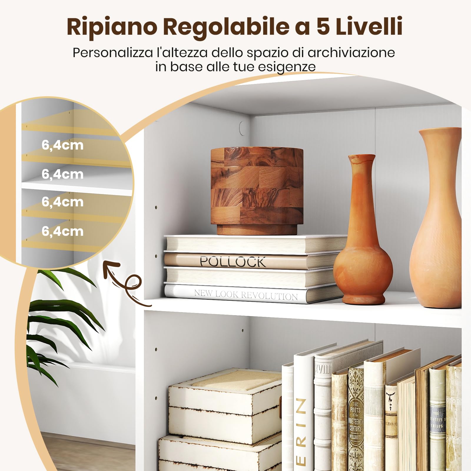 SOARS Libreria a 2 Cubi, Ripiano Mobile con 5 Posizioni Regolabili, Libreria 2 Livelli con Tappetini Antiscivolo e Adesivi per Fori delle Viti, Adatto per Studio, Soggiorno e Cucina (Bianco)