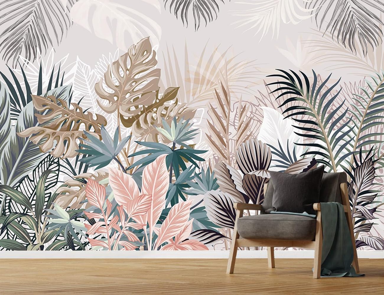 Papel pintado panorámico, 200 x 150 cm, papel pintado selva tropical pintado a mano, Tropical Plantas Grandes Murales Póster para sala de estar, adulto habitación de los niños, estudio decoración
