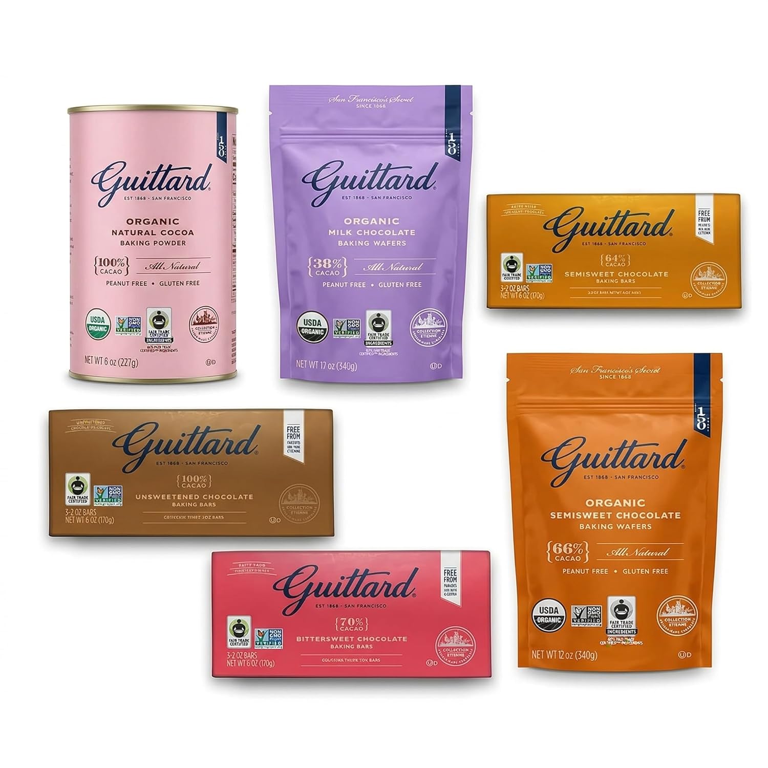 Guittard Baking Chocolate Variety Pack (6 Pack) – Premium Baking Bars, Organic Chocolate Wafers & Natural Unsweetened Cocoa Powder – 100% Unsweetened, 64% Semi-Sweet, 70% Bittersweet & Milk Chocolate for Baking, Desserts & Gourmet Recipes