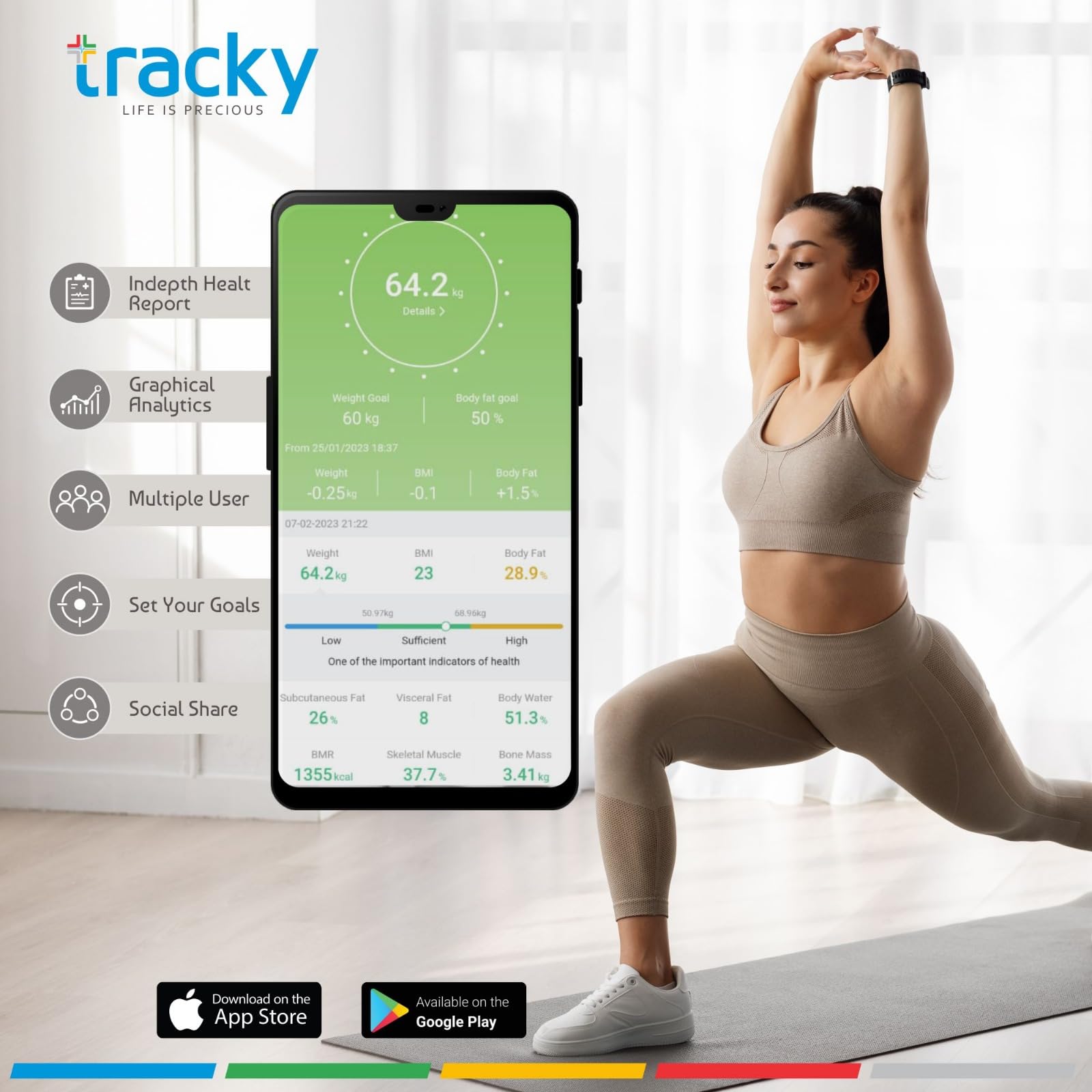 Tracky Advance Body Composition Analysis machines with 8 Electrodes - Smart Monitor Body Composition Scale with 22 Essential Parameters for Weight Loss, Fat Analyzer & Segment Analysis,1 year warranty 3