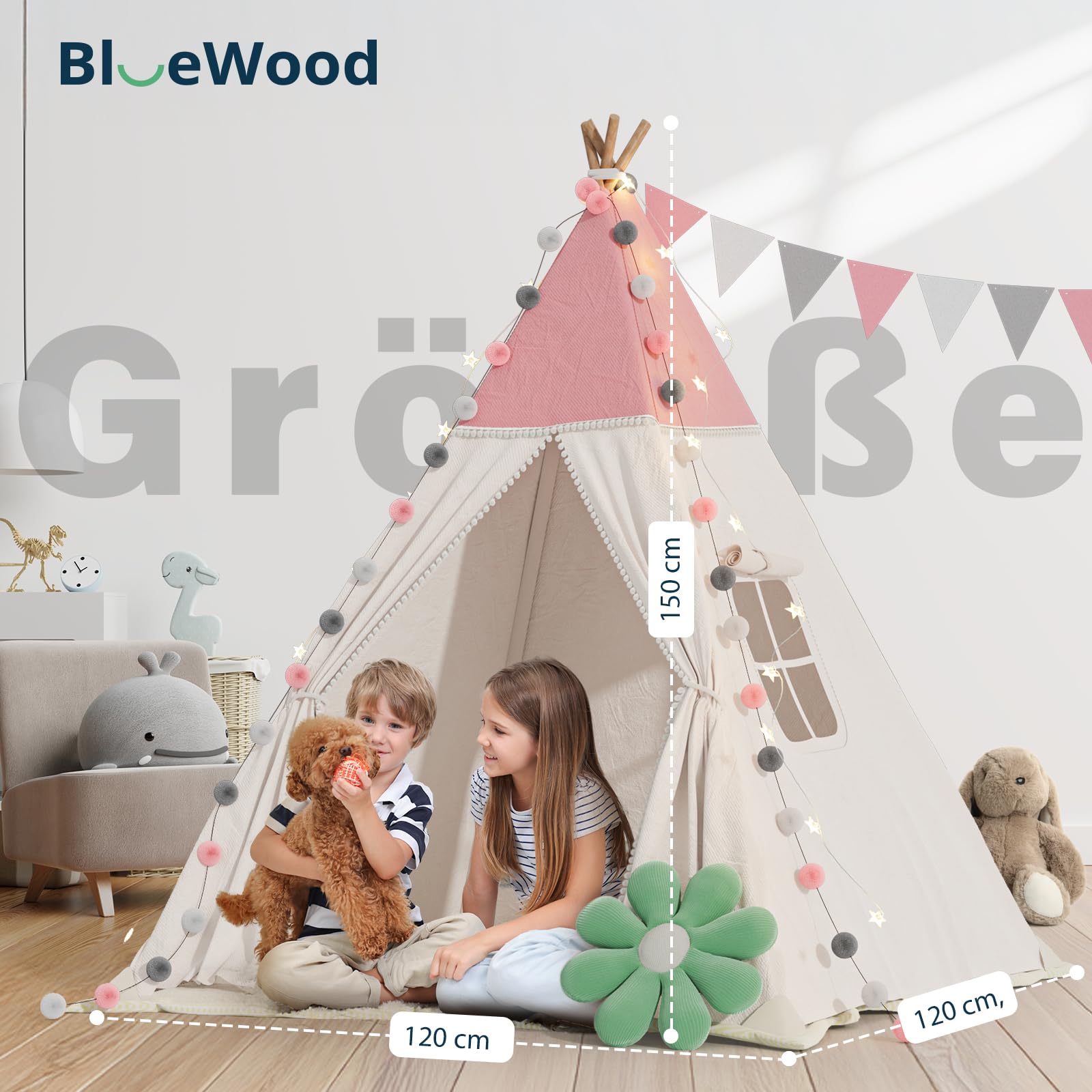 Tipi tenda per bambini, tenda da gioco con coperta imbottita, catena luminosa, borsa per il trasporto, stile Montessori, per bambini, colore: verde chiaro