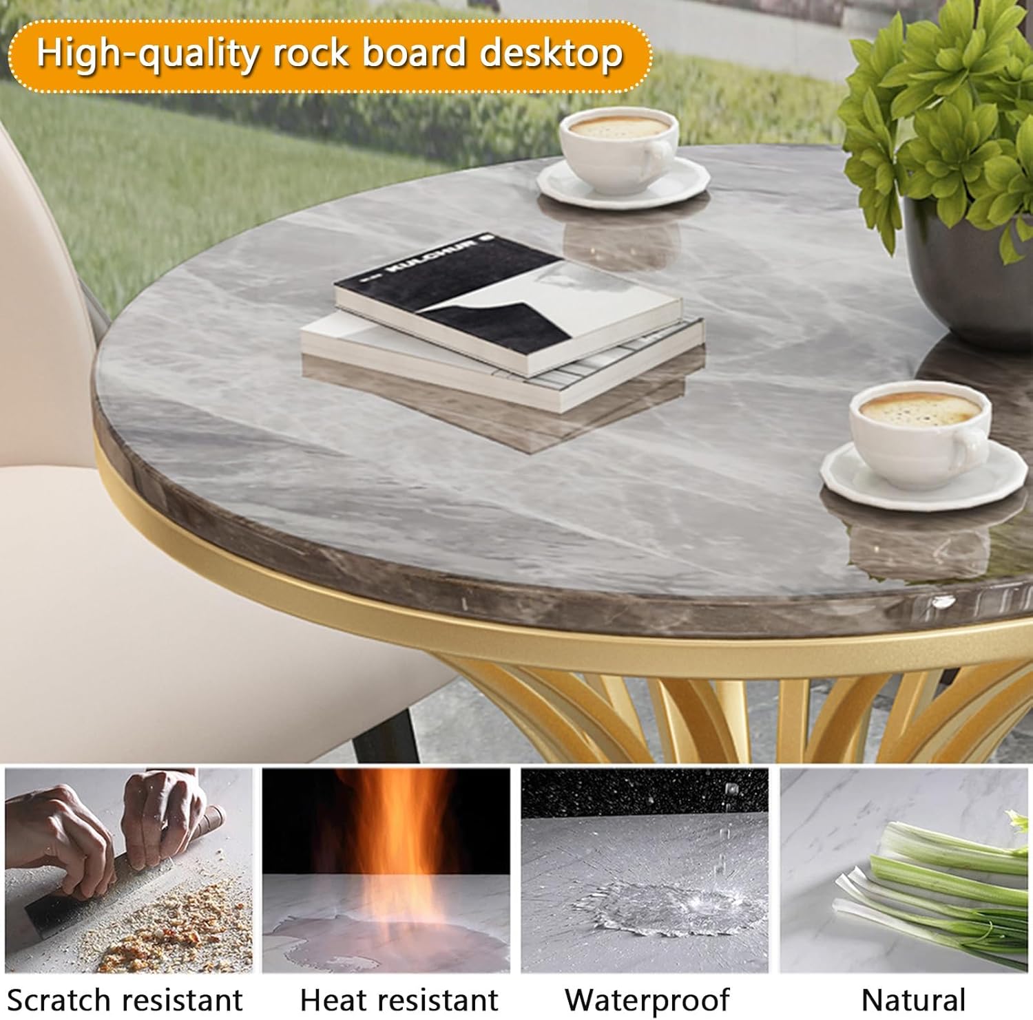 Negotiation Table and Chair Set, Office Reception Room Club Table, Rock Board Round Table and 4 PU Leather Chairs, for Small Conference Room, Lounge, Living Room, Kitchen(Orange,23.6in/60cm)