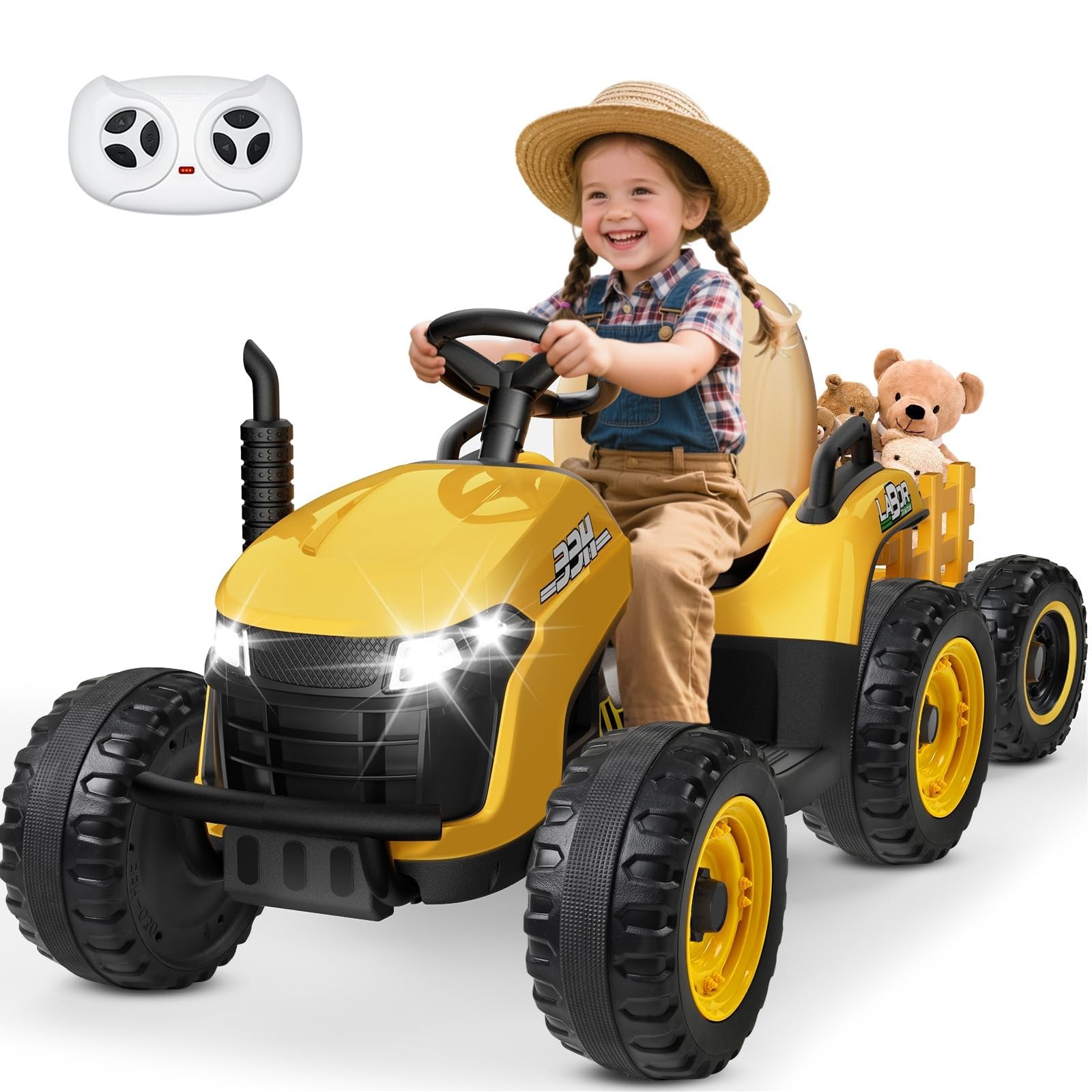 ANPABO 24V Ride On Tractor for Kids w/Detachable Trailer, EVA Tires, Yellow