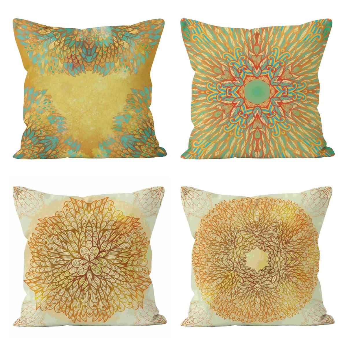 Housse de coussin en lin et satin 50x50 cm, lot de 4 taies rétro mandala pour lit et canapé