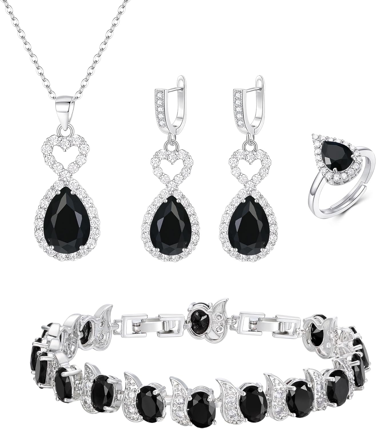 Crysdue 4 Pcs Teardrop Jewelry Set for Women Brides, Silver Plated Cubic Zirconia Necklace Earrings Adjustable Ring Bracelet Set for Wedding Prom Party Christmas/Mothers Day/Valentine's Day/Birthday