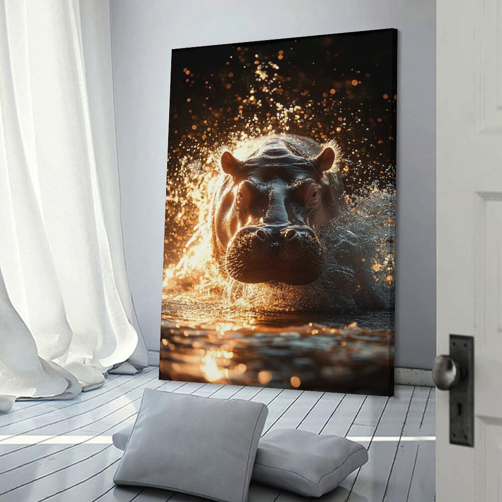 Junmoney Frame-Style Hippopotamus Emerging From Water At Sunset Wall Decor Canvas Print, 20X30inch(50X75cm), For Flats, Guest Rooms Or Compact Rooms, A Simple Refresh For Blank Walls