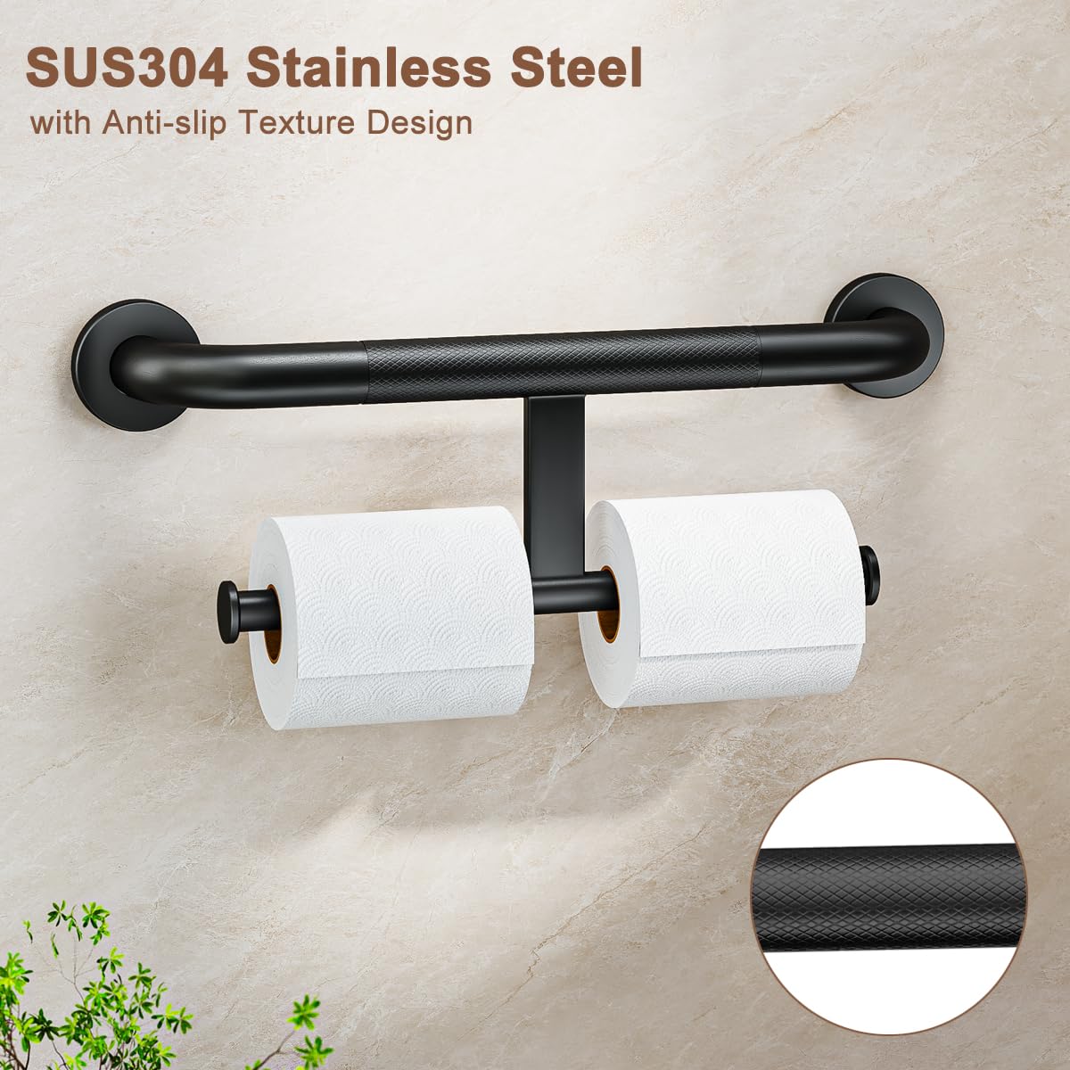 FANHAO Duschgriff und Toilettenpapierhalter für Zwei Rollen, 2-in-1-Sicherheits-Haltegriff, wandmontierter Badezimmer-Haltegriff aus Edelstahl für Senioren und Menschen mit Behinderung, 45.5cm