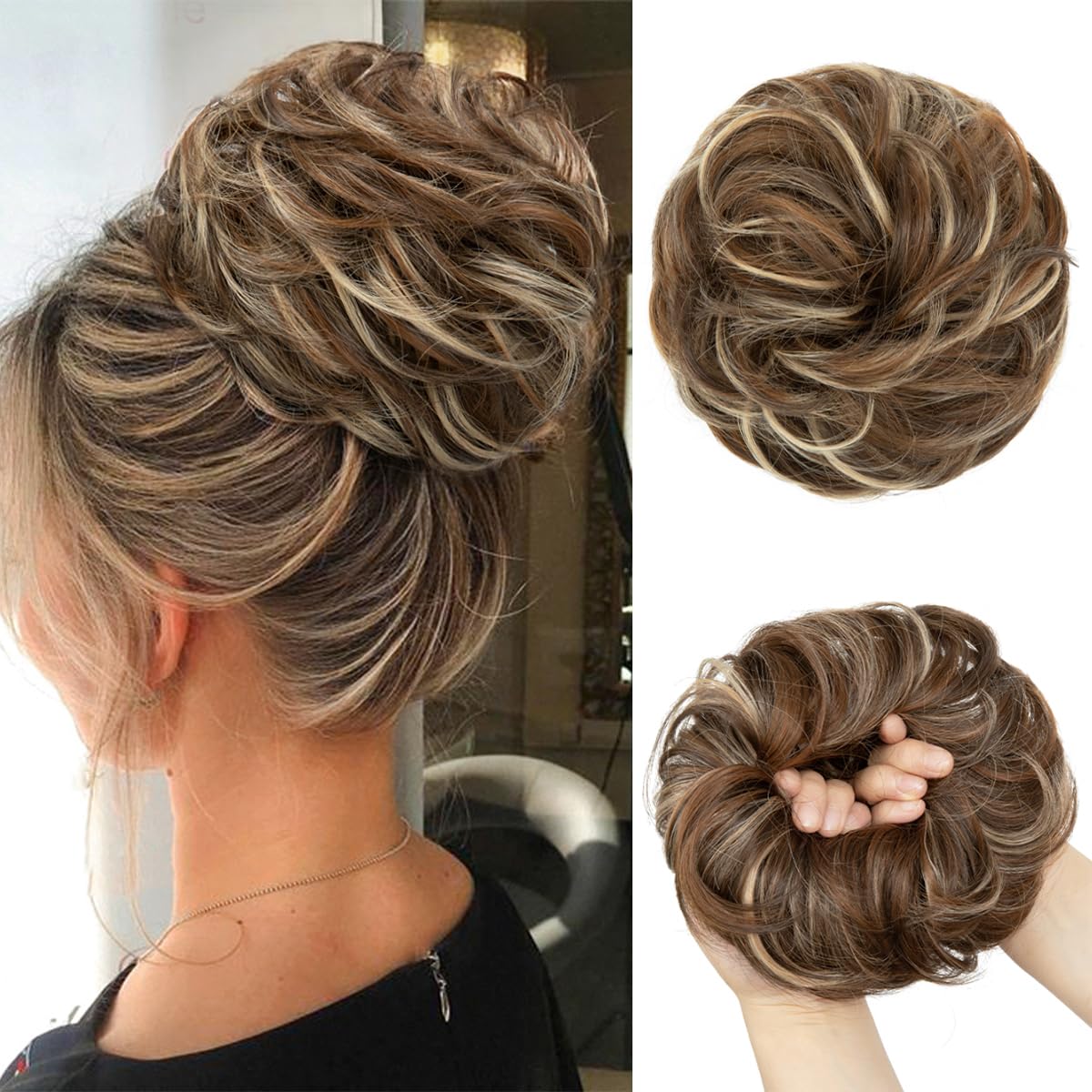 CJL HAIR Large Messy Bun Hair Piece Wavy Curly Scrunchies Synthetic Chignon Ponytail Hair Extensions Thick Updo Hairpieces for Women Nut Multi