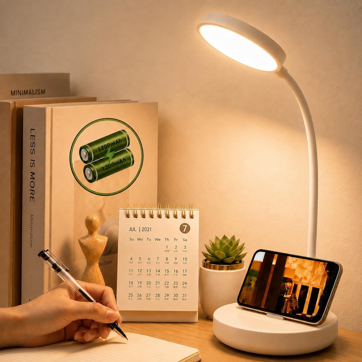 Rechargeable LED Desk Lamp with Mobile Holder, 2400 mAh Battery, USB Type-C Charging, 3 Lighting Modes, Touch Control, Foldable Eye-Care Study Lamp for Reading, Office, Bedside & Students-image-37