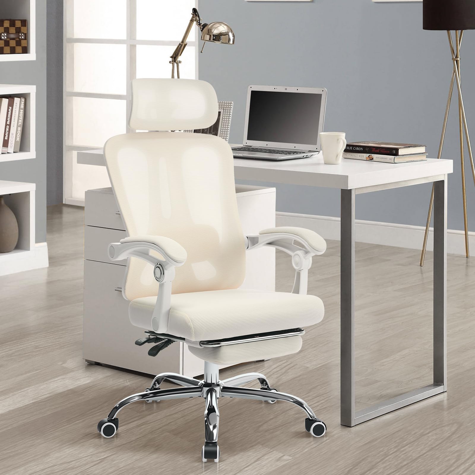 Chaise De Bureau Ergonomique, Chaise en Maille Haute Respirante avec Appui-Tête, Support Lombaire Réglable à 90°-135°, Repose-Pieds Rétractable Et Pivotant à 360° pour La Maison Et Bureau