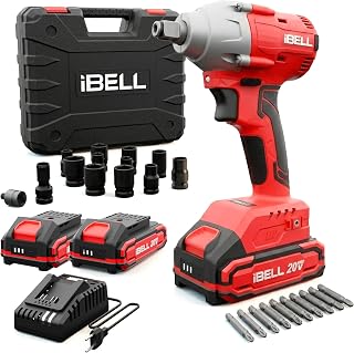 IBELL BW20-32, 20V, 1/2" Brushless Cordless Impact Wrench Kit, 300Nm Torque, 1800-3000 RPM, 2250-3700 IPM, 2 Batteries, Sockets, Adapters, LED Light, Charger & BMC Box-12 months warranty