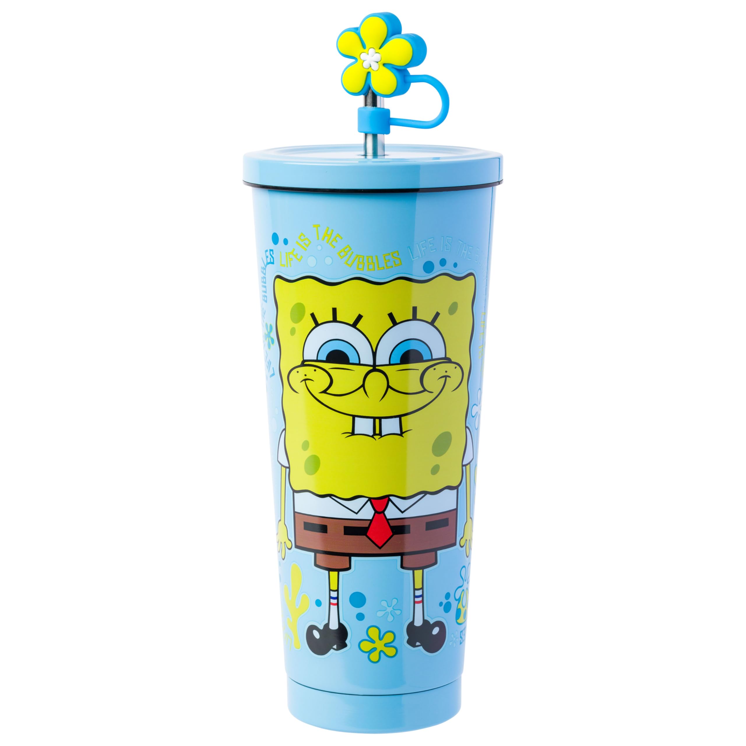 Silver Buffalo Spongebob Life is The Bubbles 24oz Stainless Steel Tumbler with Straw Cover Cap and Lid