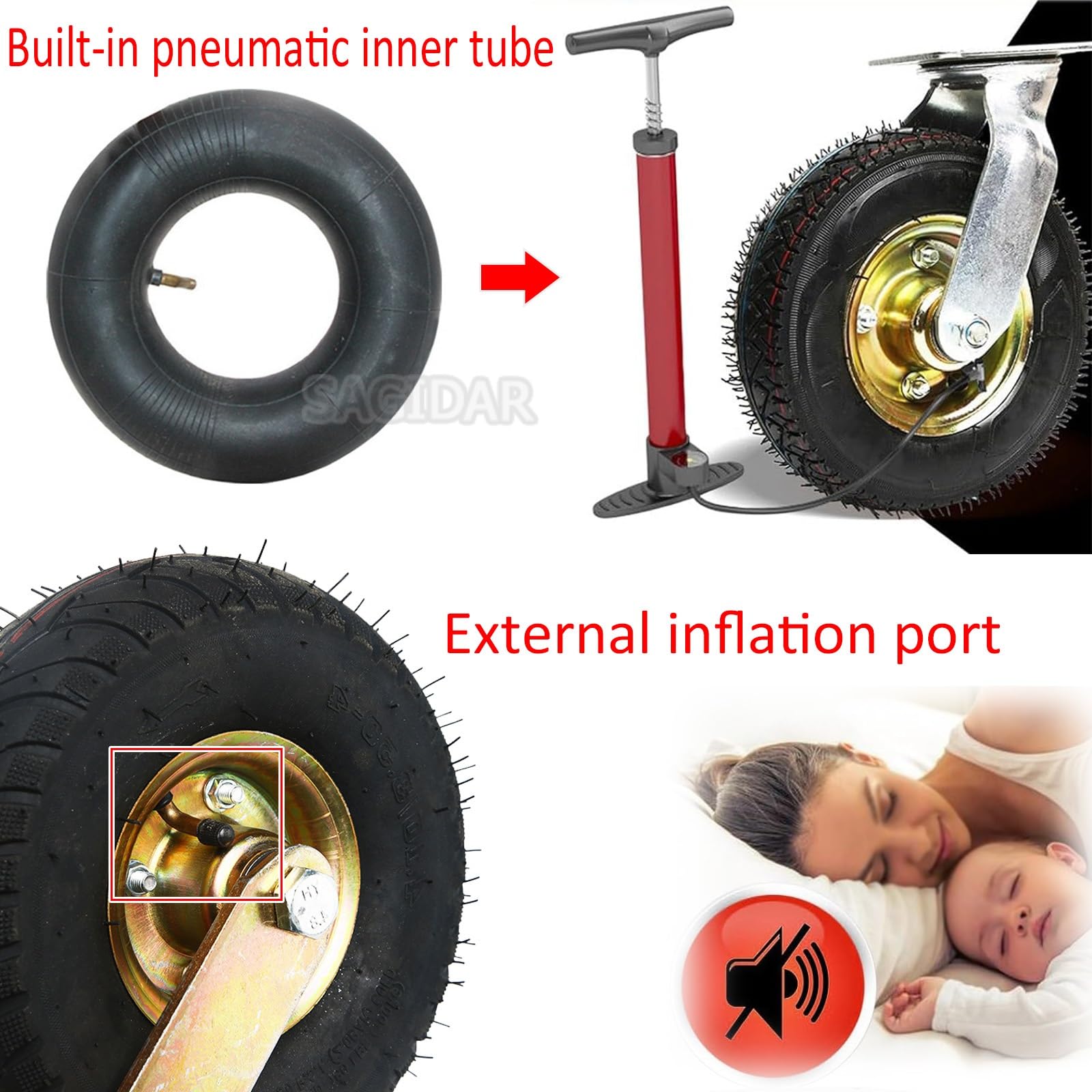 Schwerlastrollen Gummi Bockrolle, Lenkrolle Luftrad Ø 15/20/25cm, Möbel Industrierollen 4 Stück, Schraubbefestigung, Leise Und Sanft, Gummi Ersatz Rollen, Für Alle Böden Oder Teppiche(4 Fixed,25cm)