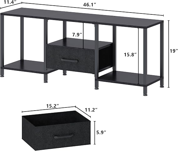 JARHETUN TV Stand with LED Lights, Entertainment Center with Open Shelves and Fabric Drawer, Media Console for 55 Inch TV, Television Stands for Living Room, Bedroom, Black