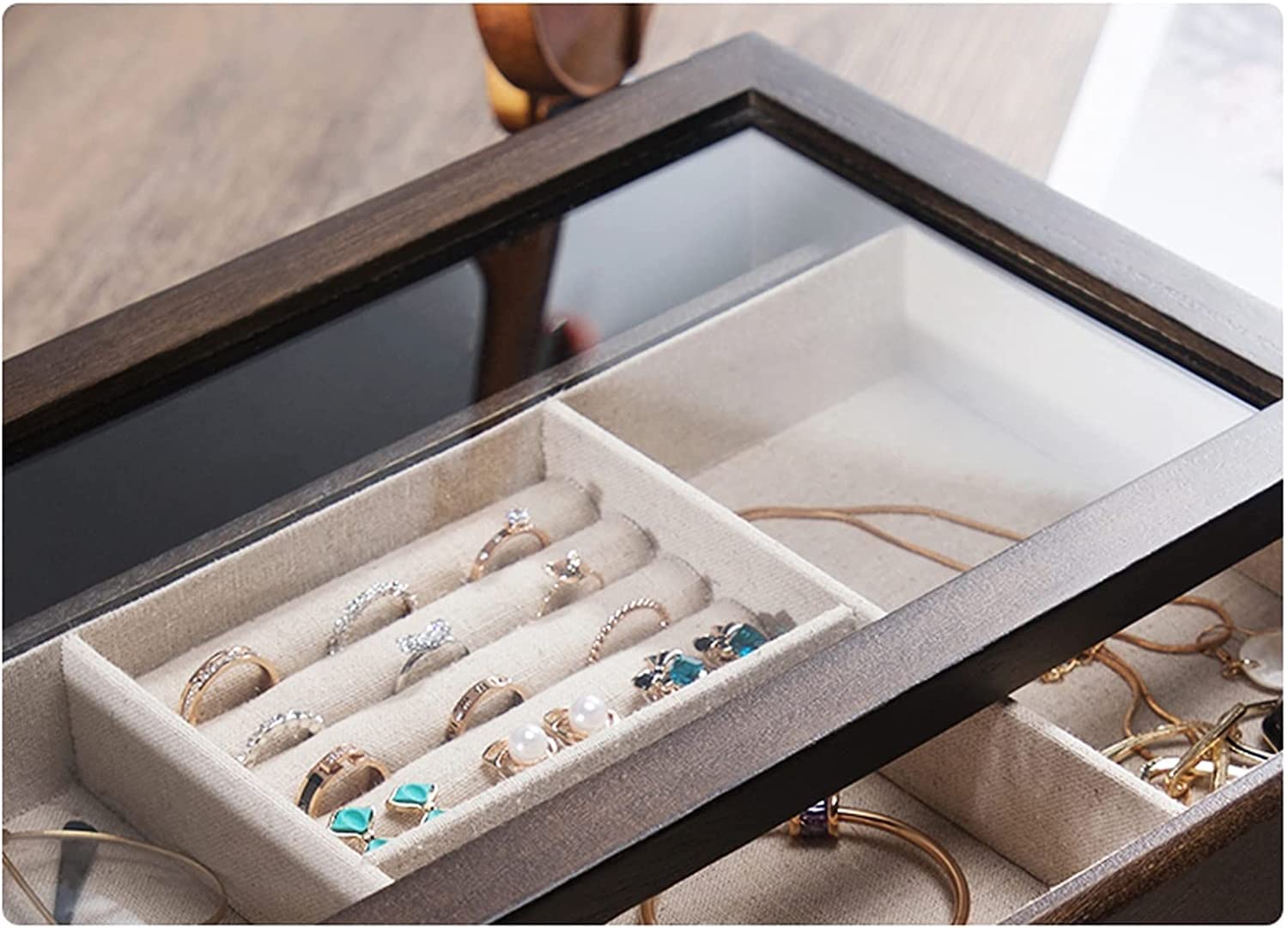 YCTTKDD Pudełko podróżne na biżuterię Organizer do pudełek na biżuterię Vintage etui na biżuterię z 2 szufladami i przezroczystą szklaną pokrywką Drewniane (przezroczyste) ciekawe