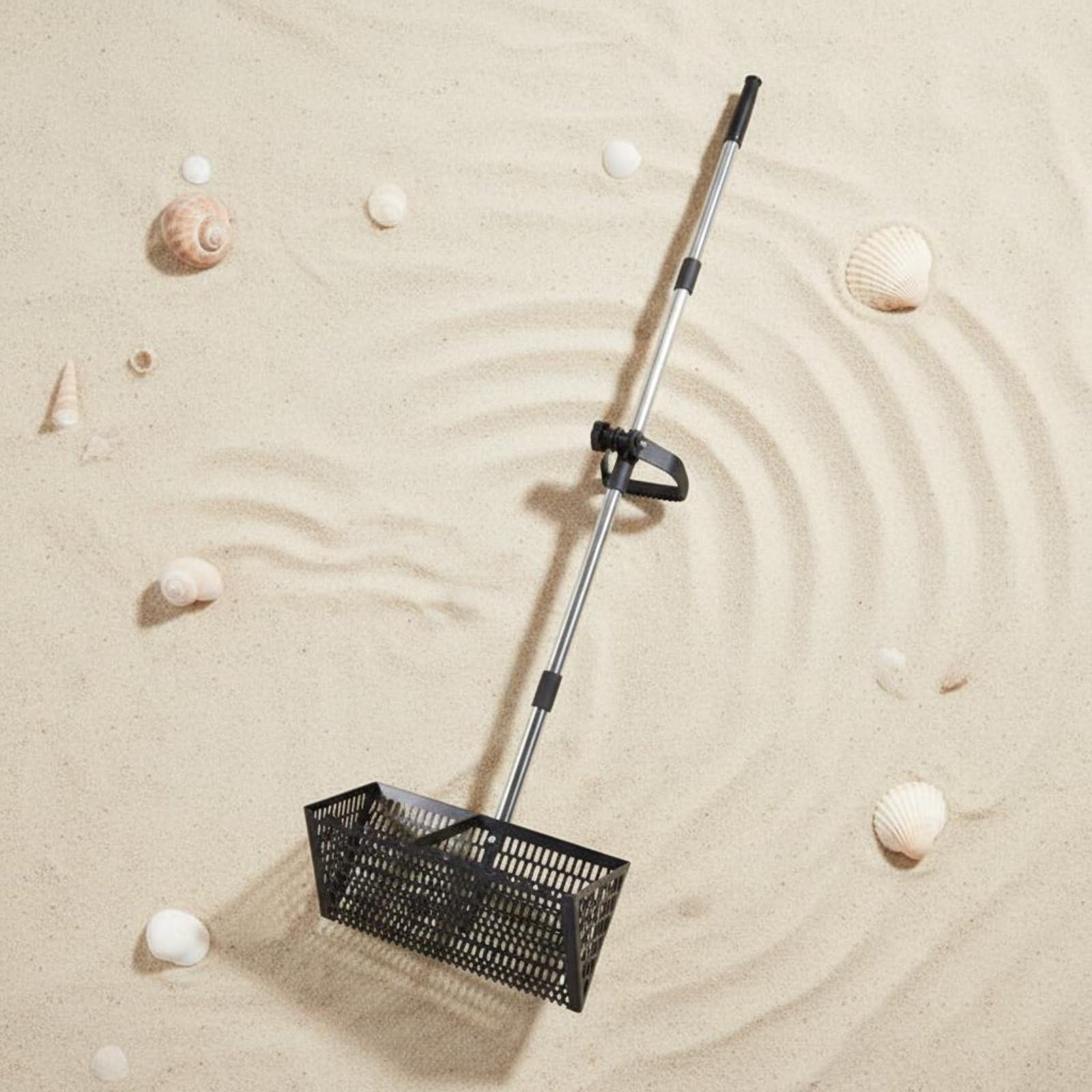 Pala de Arena de Playa Criba Rastrillo Herramienta Mango Largo Regulable y Empuñadura Cómoda para Trabajo Adecuada para Rastreo de Orilla Huertos, Plata