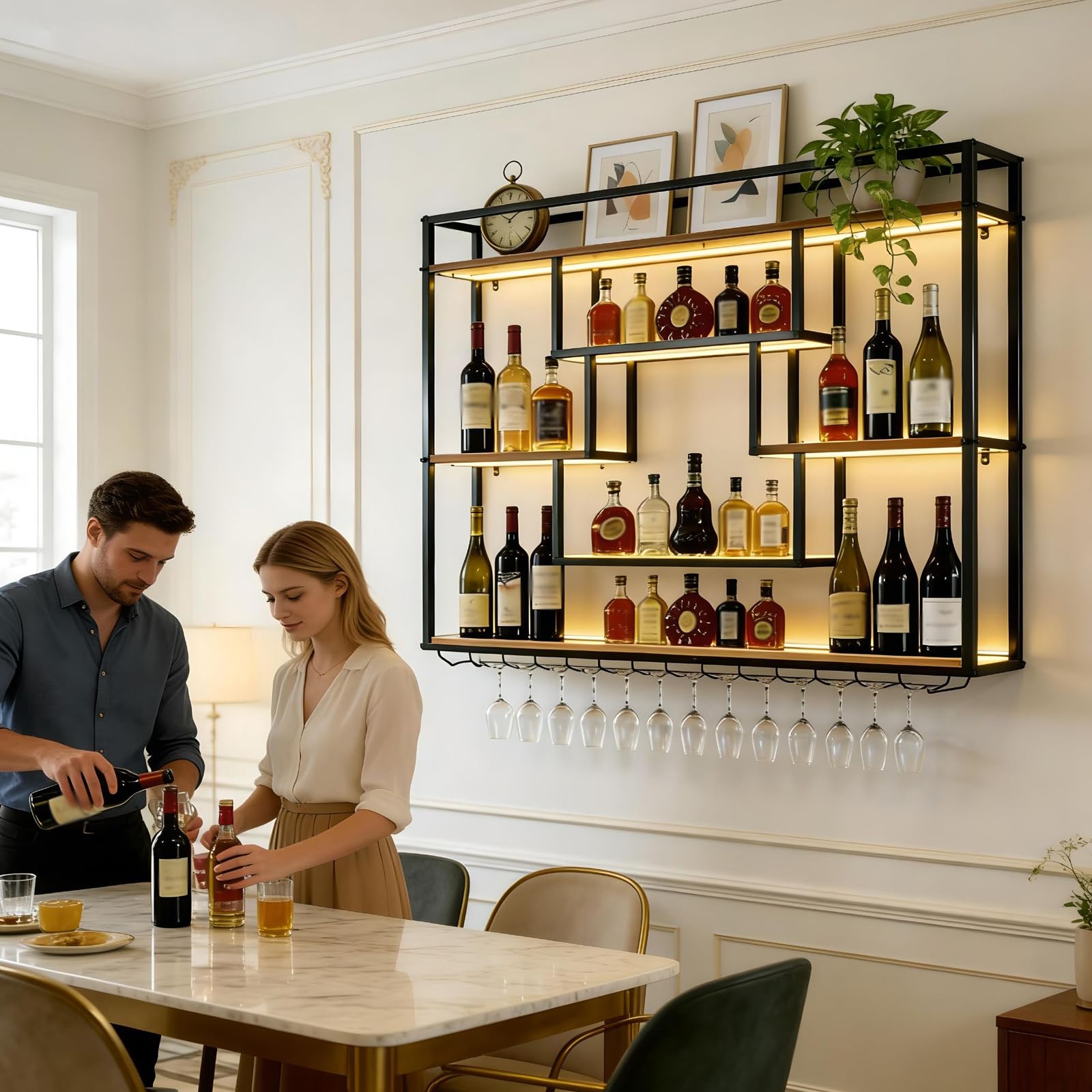 140cm Portabottiglie da Parete con luce LED, Metallo Porta Bottiglie Vino Con Portabicchieri, Grande Espositore per Bottiglie di Vino, Per Bar Domestico, Sala da Pranzo