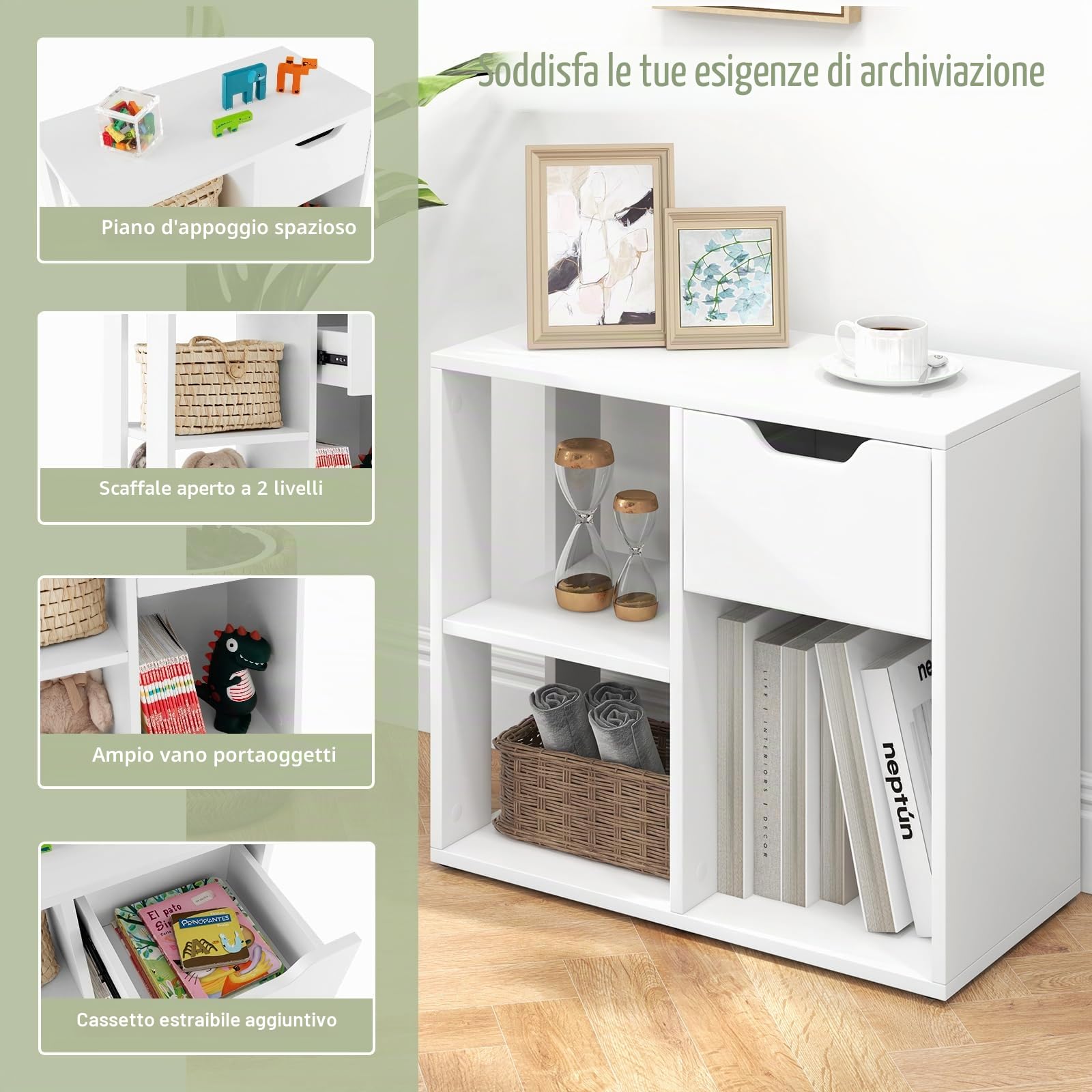 HOMASIS Cubo Portaoggetti Scaffale, Mobiletto Salvaspazio con Cassetto e 3 Scomparti, Scaffale Piccolo in Legno, Divisorio per Soggiorno, Ufficio, Camera da Letto, 60 x 30 x 53 cm (Bianco)