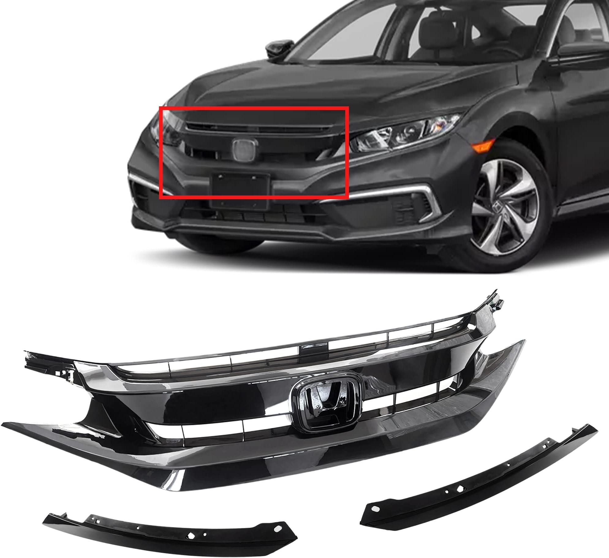 PartsFlow 3PCS Front Bumper Grille Glossy Black Grill With eye lid For 2019 Honda Civic For 2020 Honda Civic